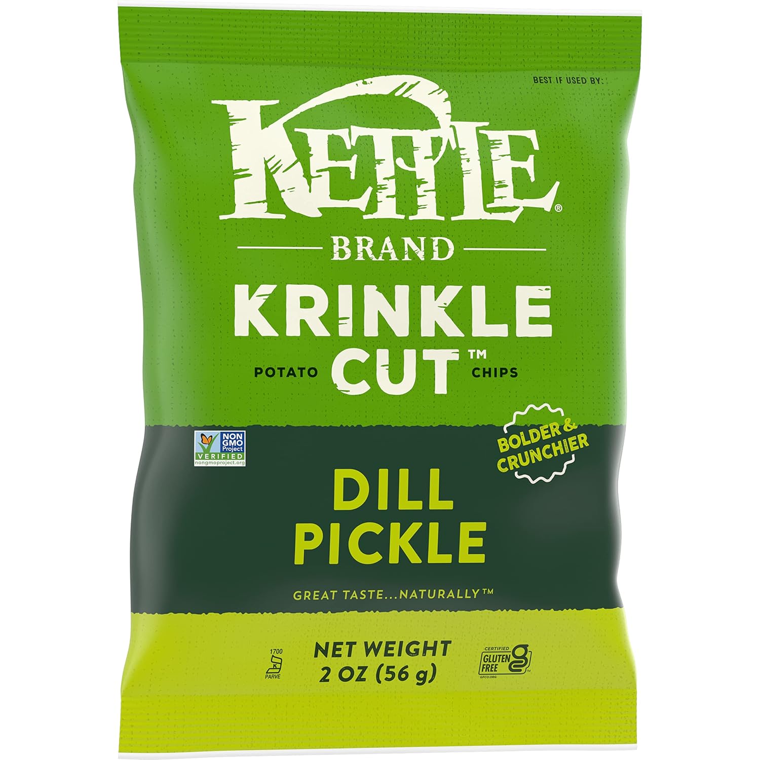 Kettle Brand Potato Chips, Krinkle Cut, Dill Pickle Kettle Chips, Snack Bag 2 Oz (Pack of 6)