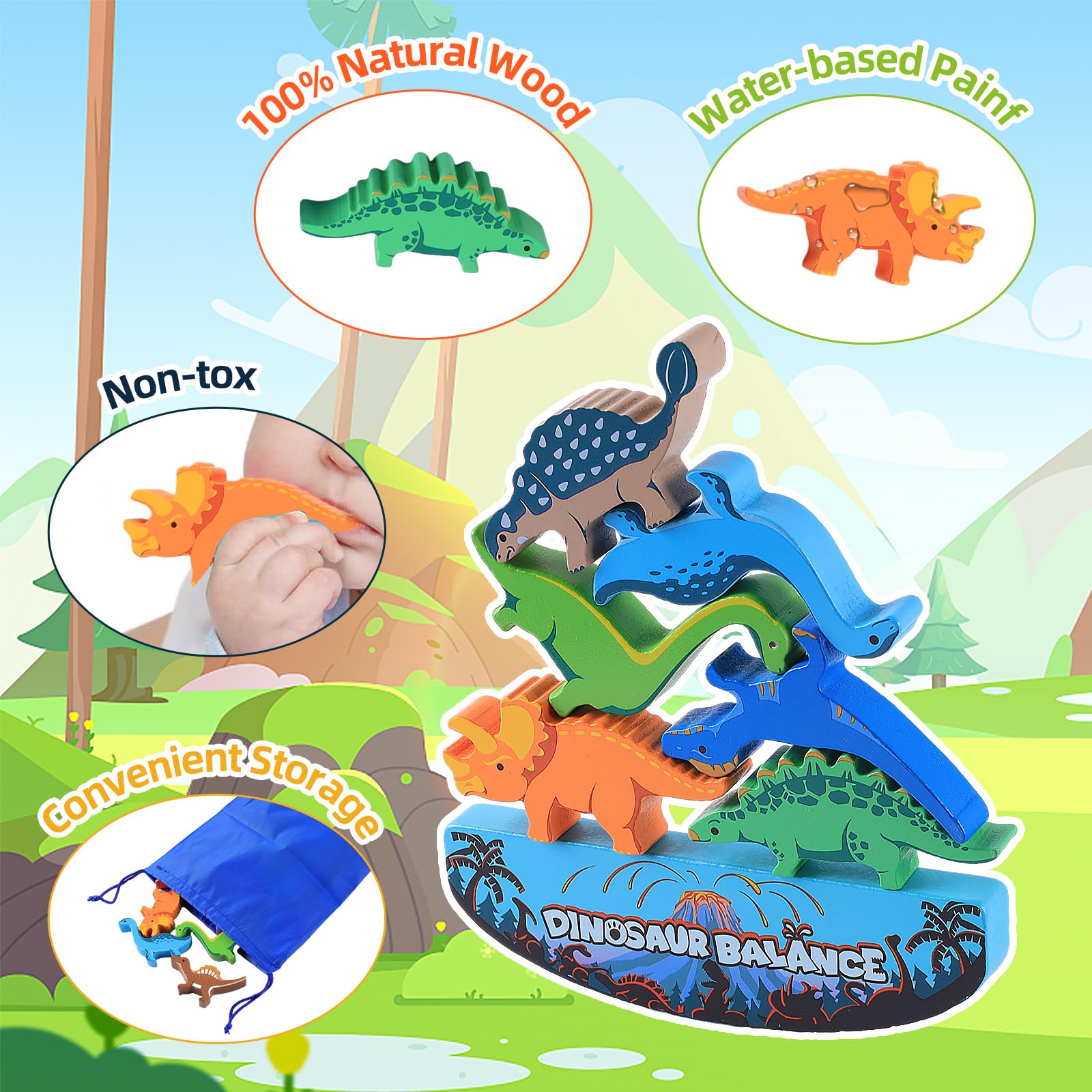 Atoylink Dinosauro Cubi Impilabili In Legno – Gioco Montessori Con 6 Cubi, 6 Dinosauri, 6 Trenini Magnetici – Numeri E Colori - 3