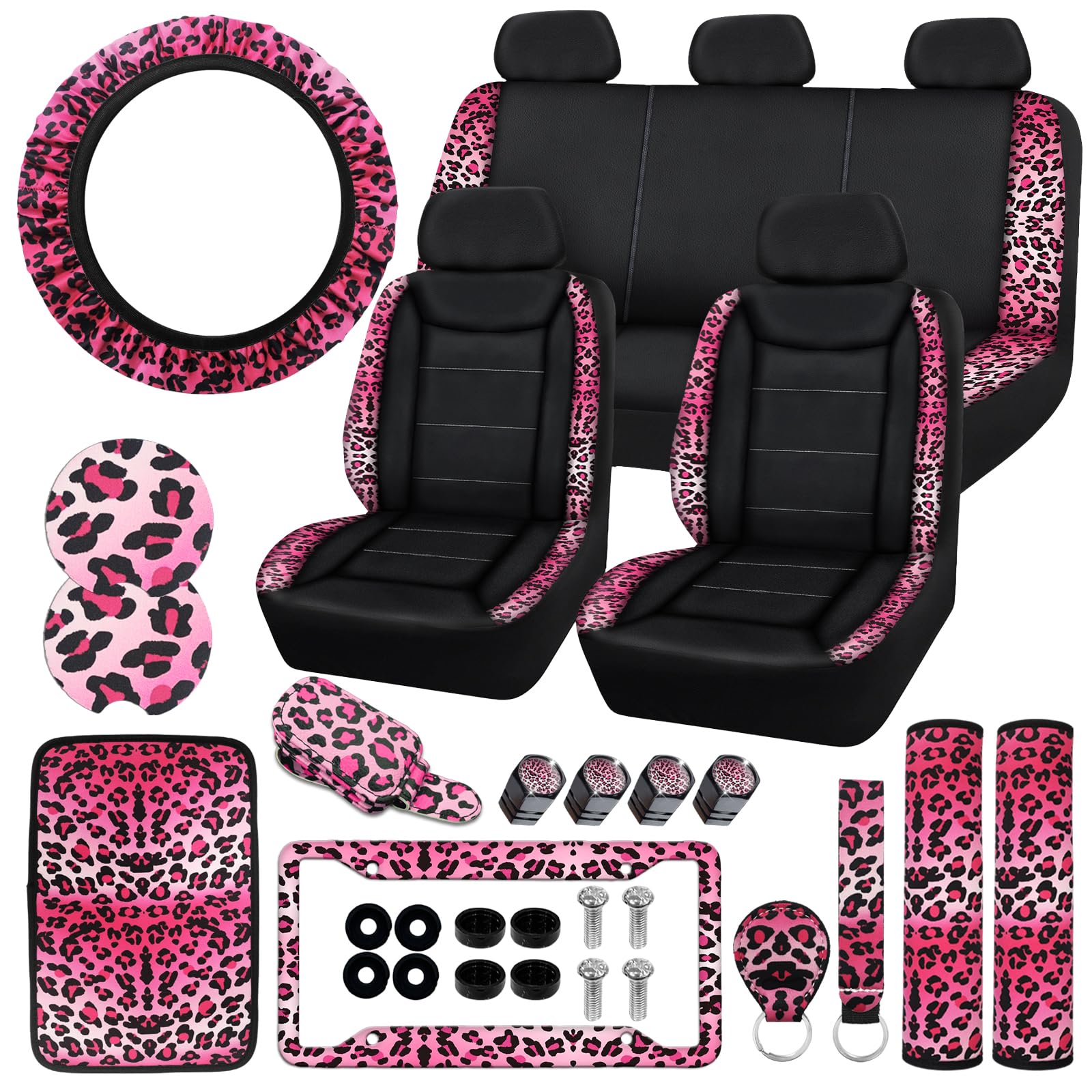 Set completo di 23 coprisedili per auto da donna, universali, con stampa, coprivolante, console centrale, accessori per occhiali da sole, SUV (stampa leopardata rosa)