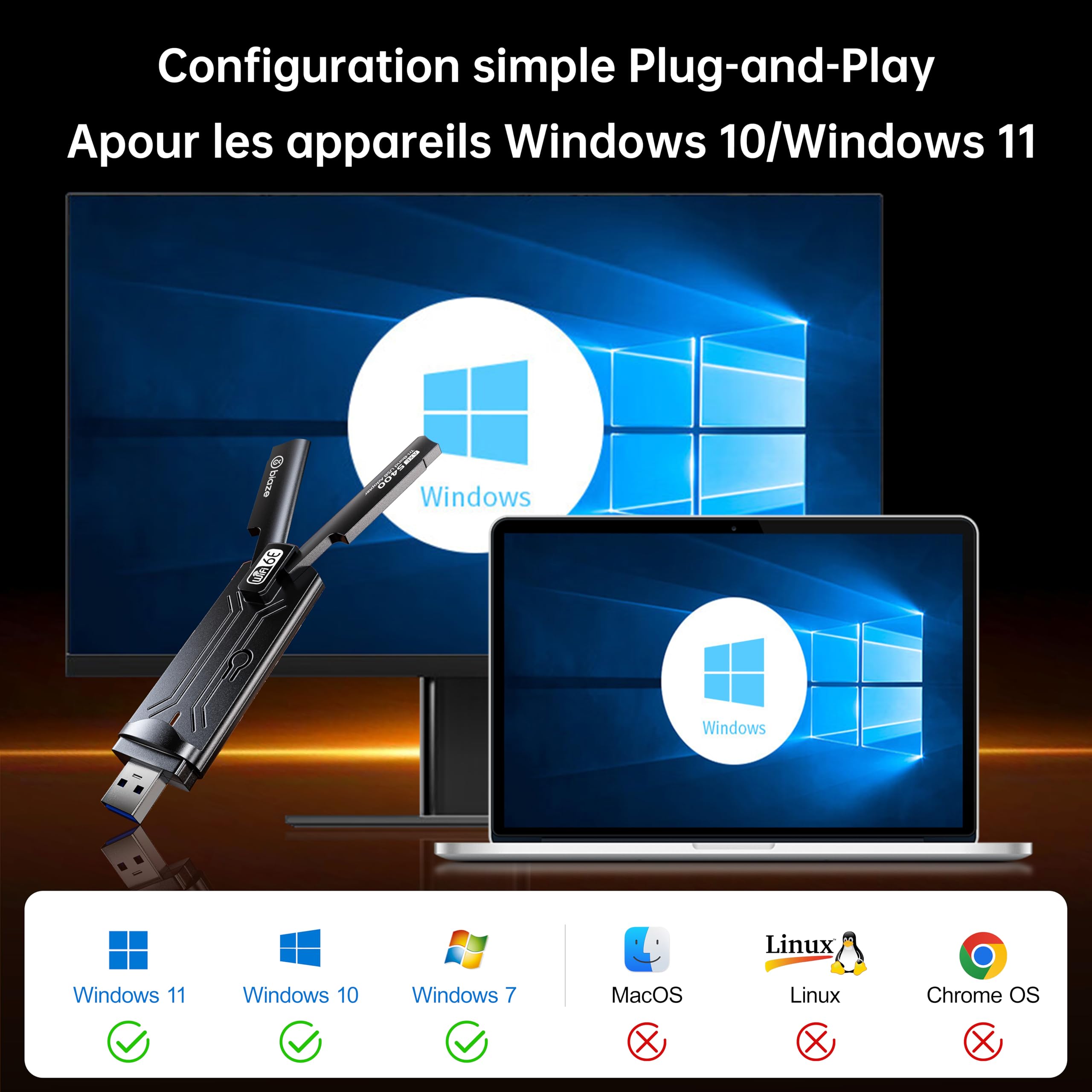 Adaptateur WiFi 6E sans fil 5400 Mbit/s USB 3.0 double bande pour PC ordinateur portable carte réseau Plug and Play antenne externe