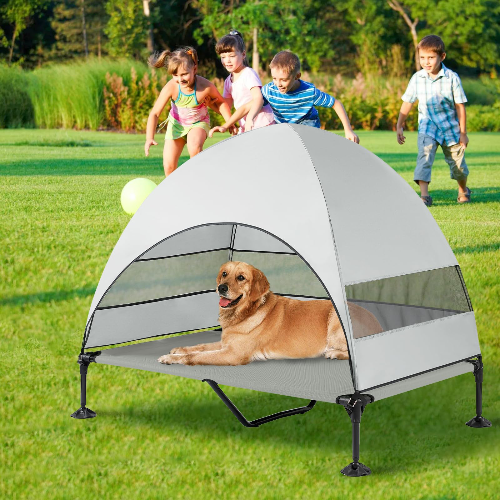Snagle Paw Hundeliege mit Dach,Erhöhtes Hundebett mit Stabile Anti Rutsch Füße,Breiterer Schatten Hundeliege Outdoor,Wasserfest Hundebett mit Dach Grosse Hunde Camping Indoor & Outdoor