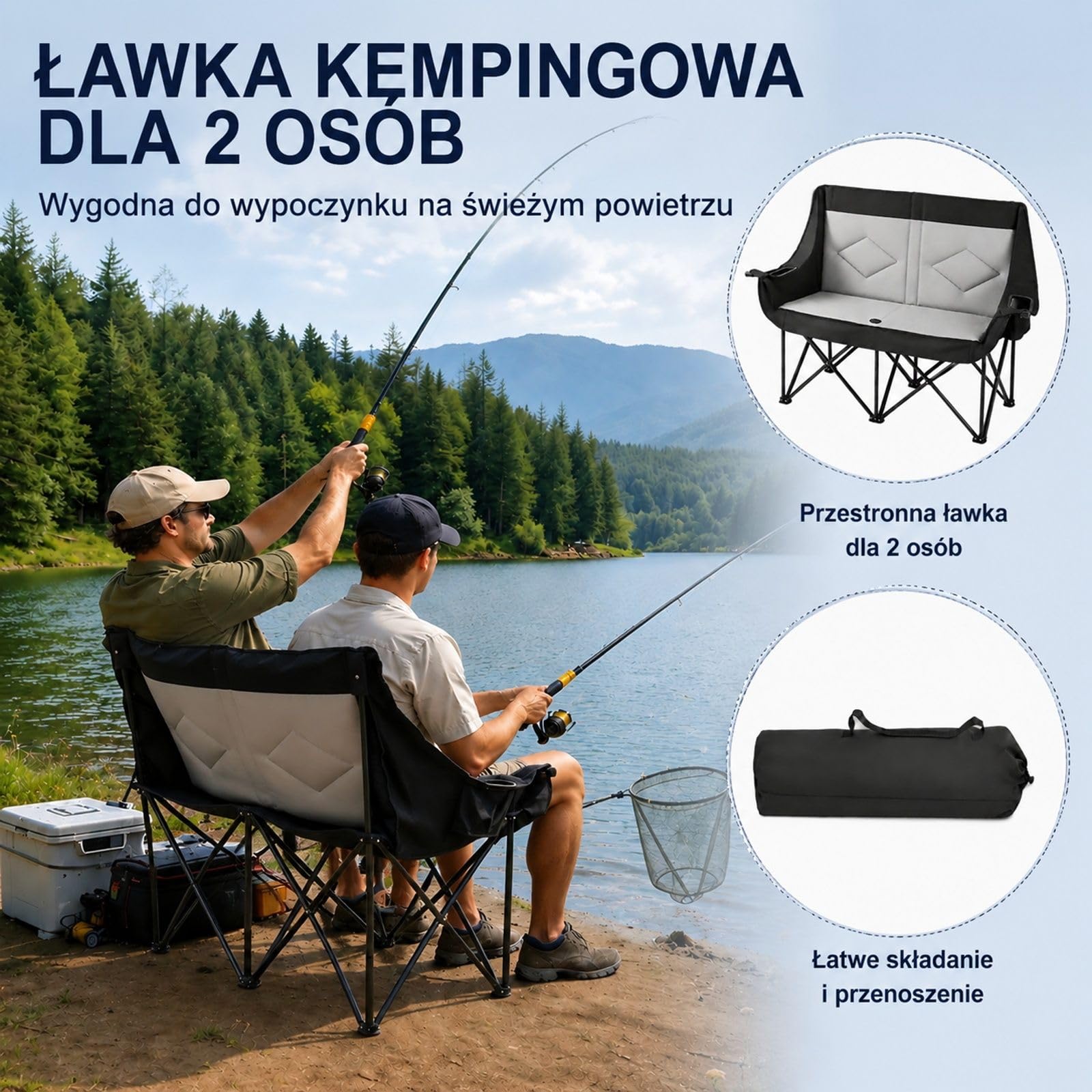 Składane krzesło kempingowe dla 2 osób, tkanina Oxford 600D, czarno-szare, uchwyty na napoje i czasopisma, torba, wędkowanie
