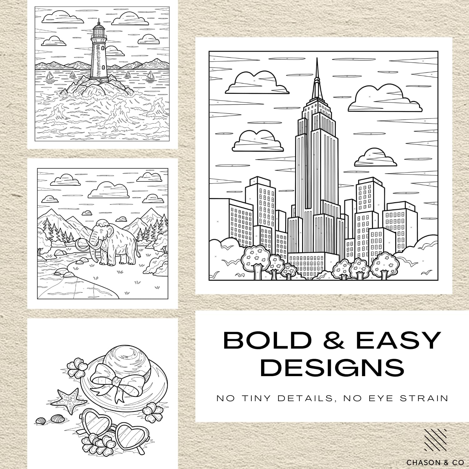 Chason & Co Monochrome Coloring Book, Textured Cream Art Paper, Thick 200GSM Pages, No Bleed-Through, Bold & Easy One-Color Designs, Mindful Stress Relief Gift for Adults (Monochrome Escapes)