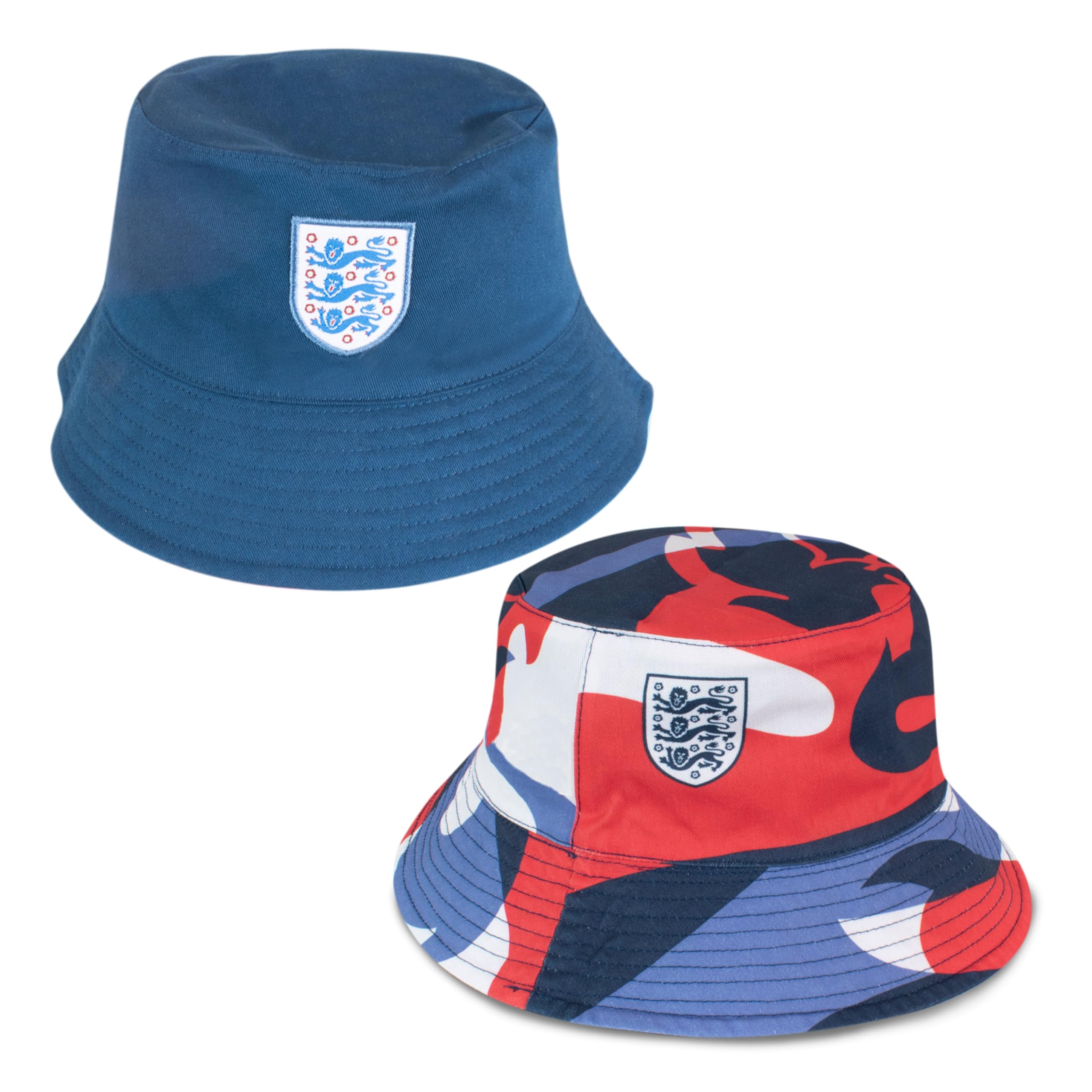 Hy-Pro Officially Licensed England FA Bucket Hat - Reversible, Blue, Classic Style, Double Sided with Solid or Print, Three Lions Crest, Festival, Holiday, Sun Hat, Unisex, Adult