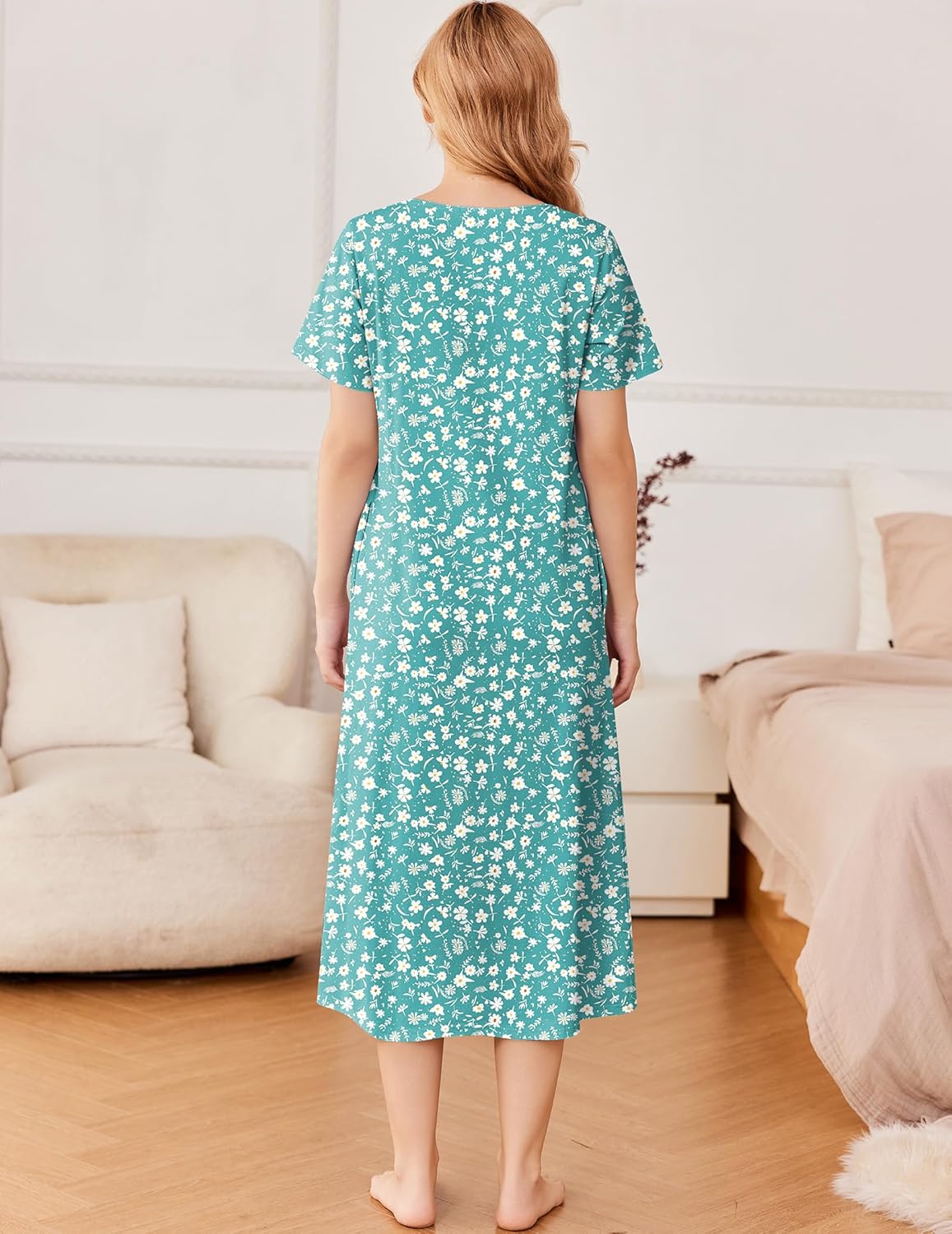 Ekouaer Cotton Nightgowns for Women Long Nightgown Short Sleeve Night Dress Button Sleepshirt with Pockets - Image 5