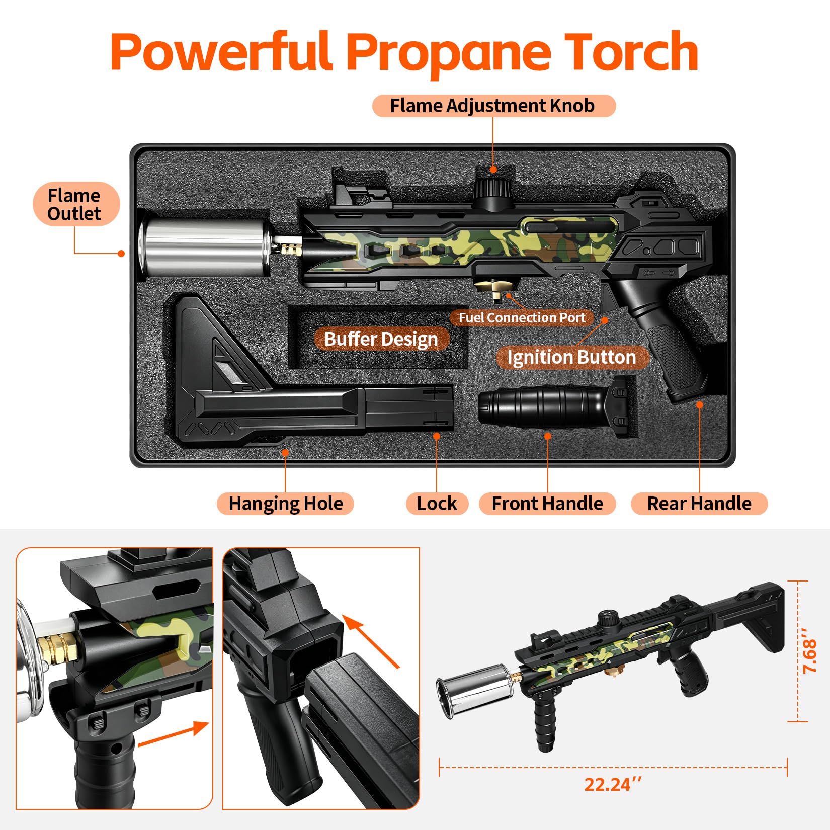 Pistola de antorcha de propano con pistola lanzallamas ajustable | Antorcha táctica de propano para barbacoa, filetes, camping y arranque de carbón (tanque no incluido)