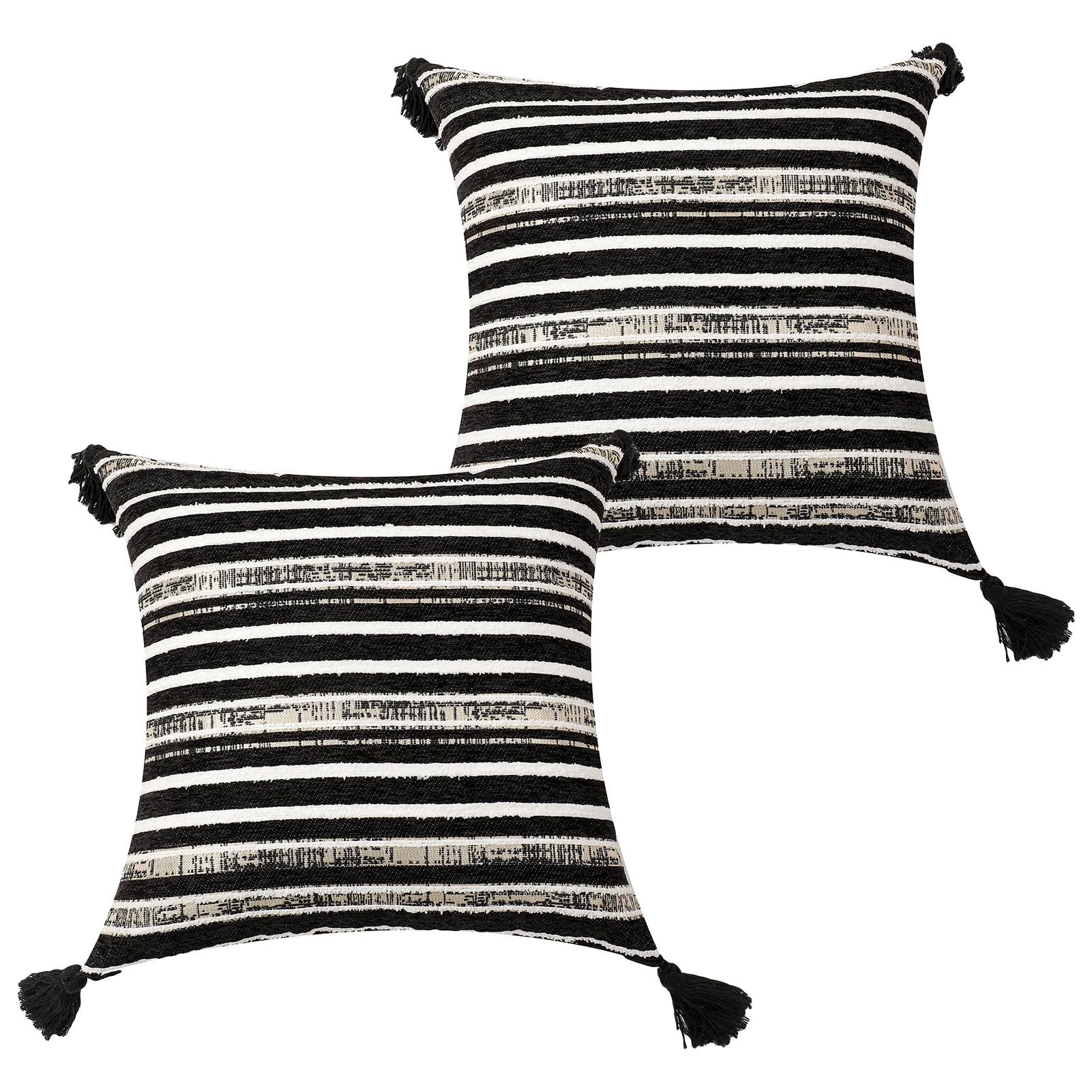 Ausing Geometric Cushion Cover Black 2er Set 45×45 cm Striped Jacquard Cushion Covers with Tassels Living Room Bedroom