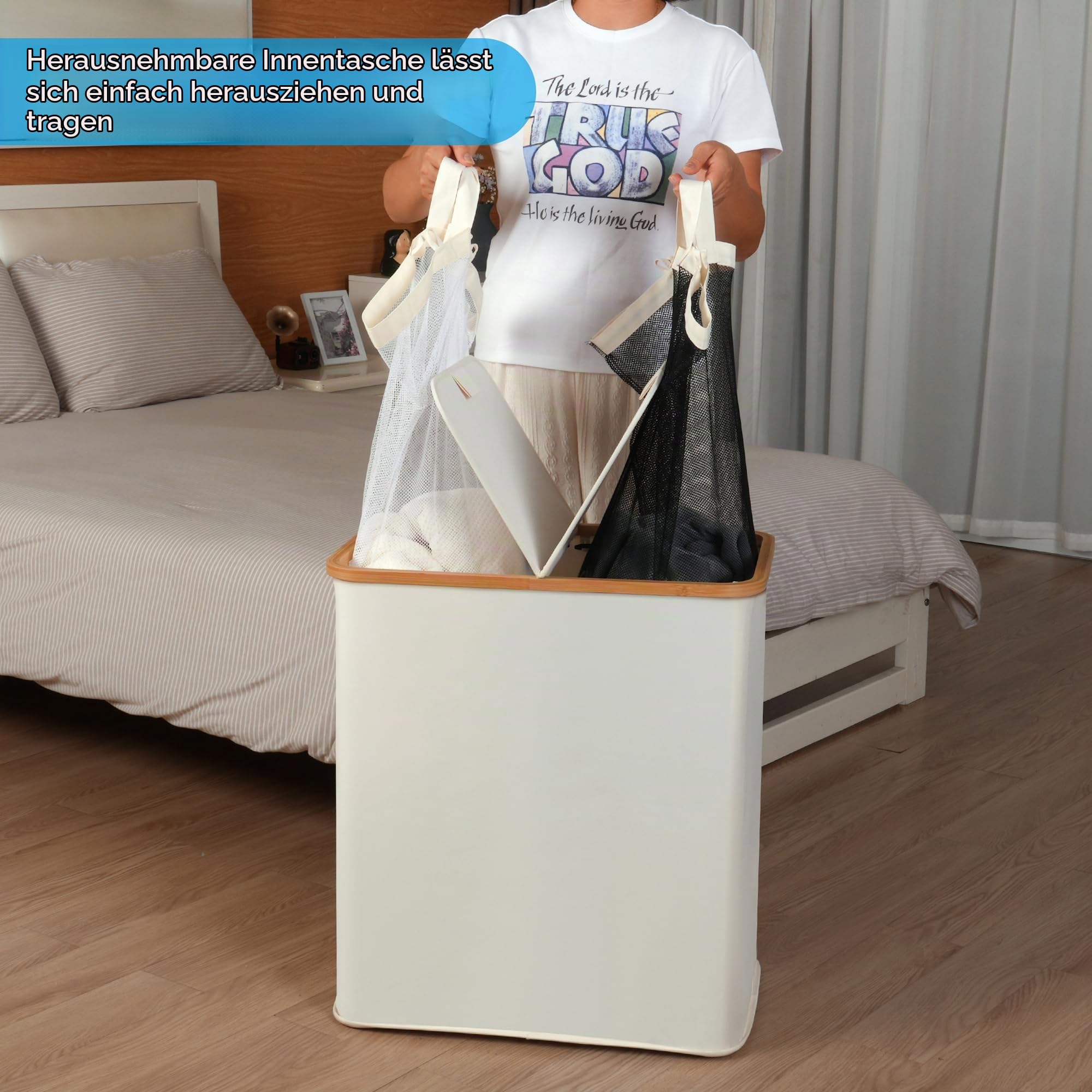 efluky 2 Fächer Wäschekorb mit Deckel, 140L Wäschesammler mit Kunststoffrahmen, faltbarer großer Wäschesortierer, Wäschebox Laundry Baskets für Schlafzimmer, Bad, Beige