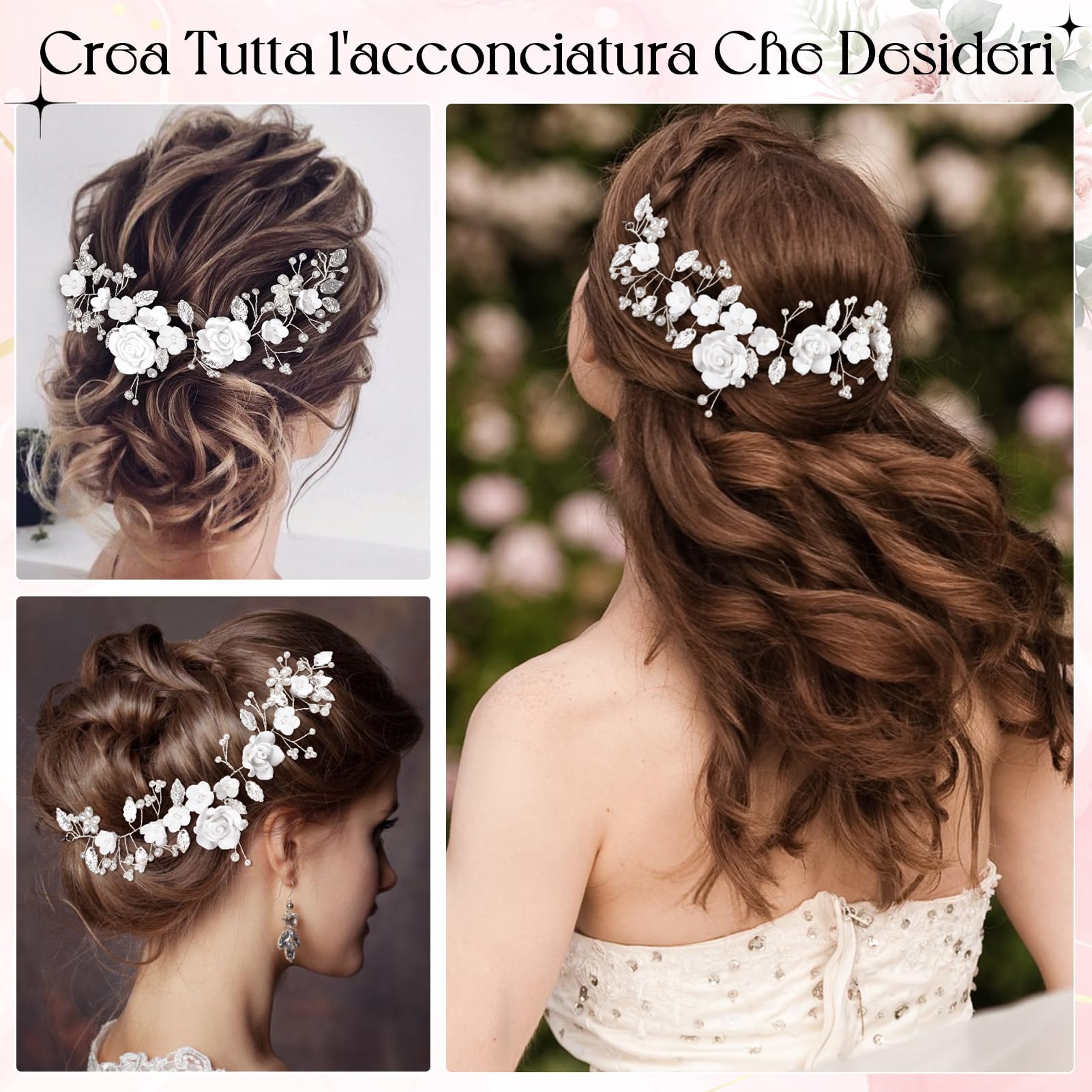 Kiiwah Fiore Sposa Matrimonio Capelli Vite Cristallo Fasce per Capelli Accessori Capelli Sposa Argento, Forcine a Forma Perlé a Forma Di U per Donne e Ragazze