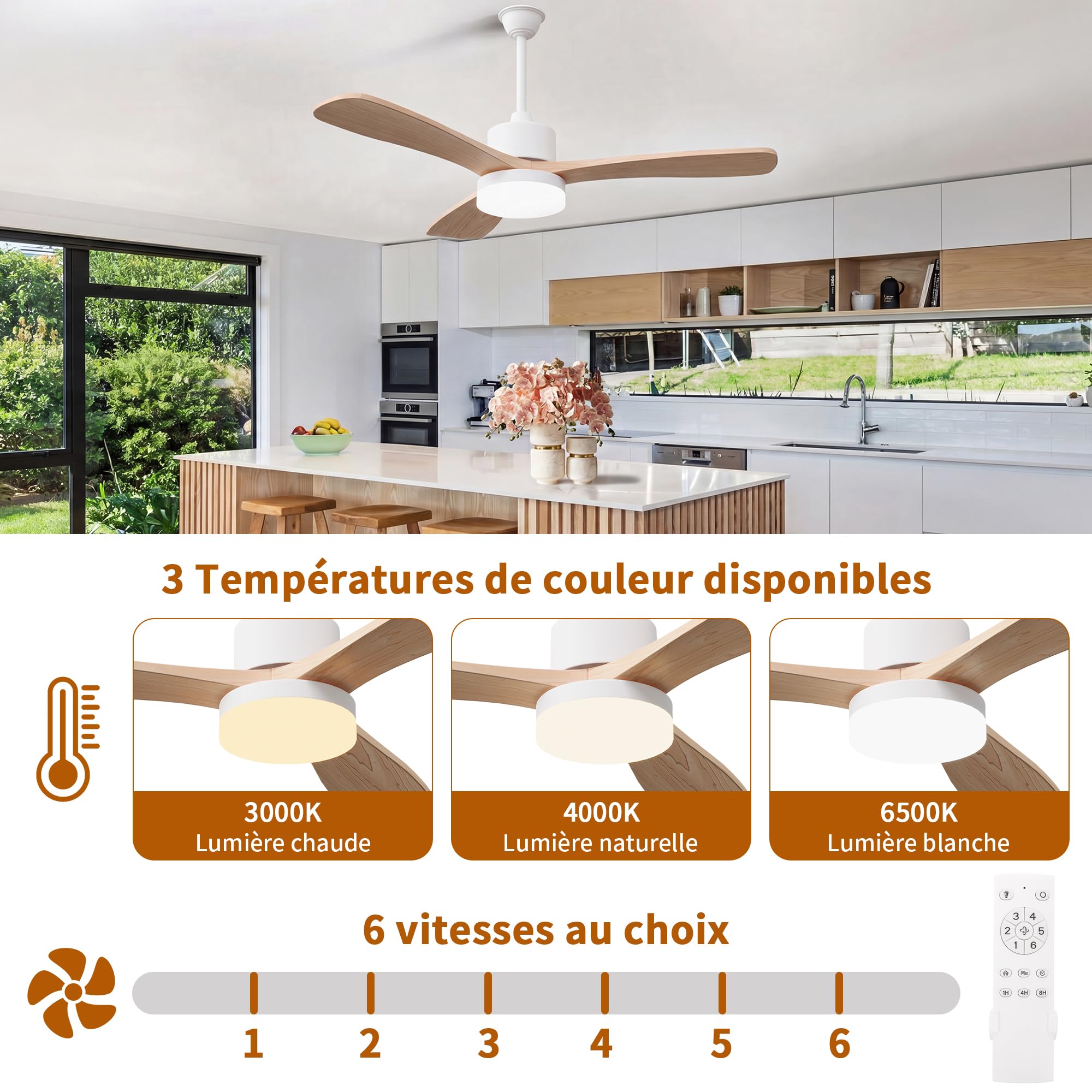 Ventilador de techo con luz y mando a distancia 106 cm, grano de madera