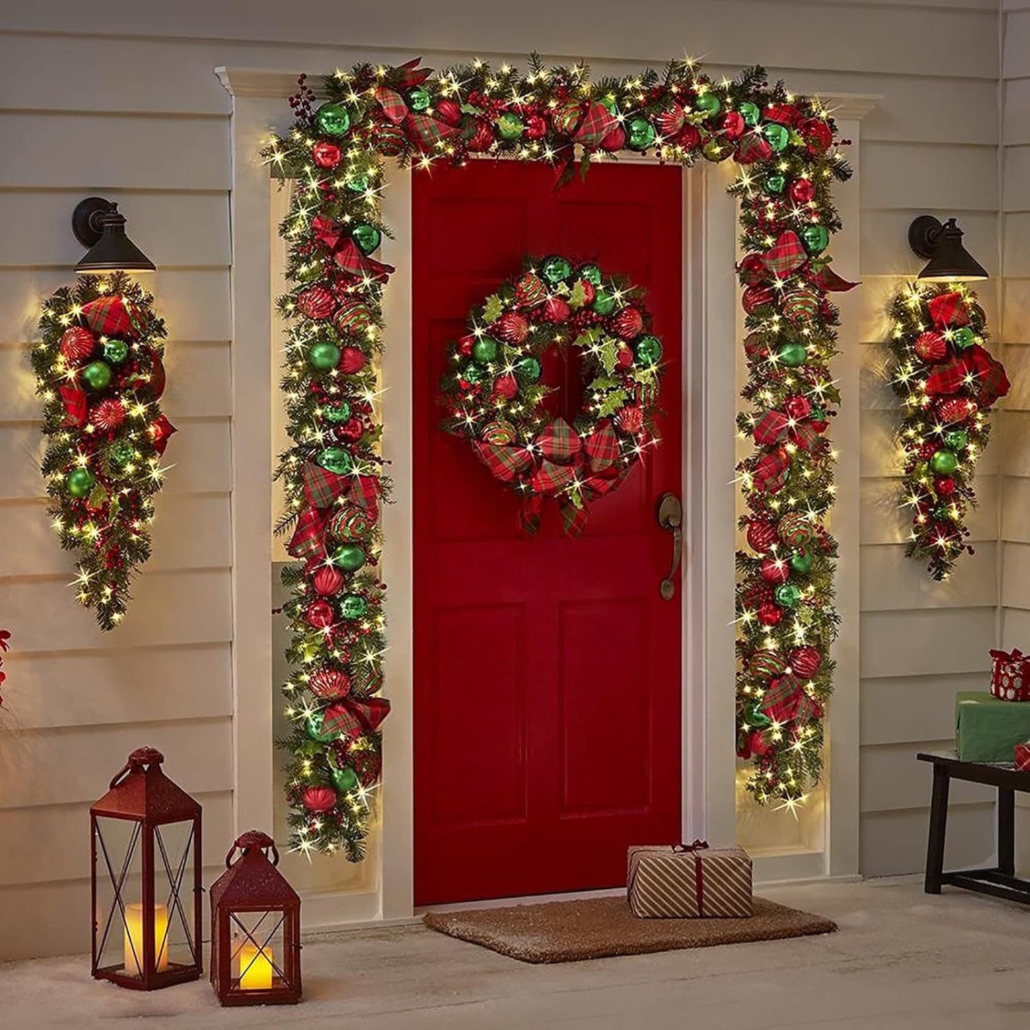 Hammacher Cordless Prelit LED Crimson And Gold Holiday Trim Teardrop