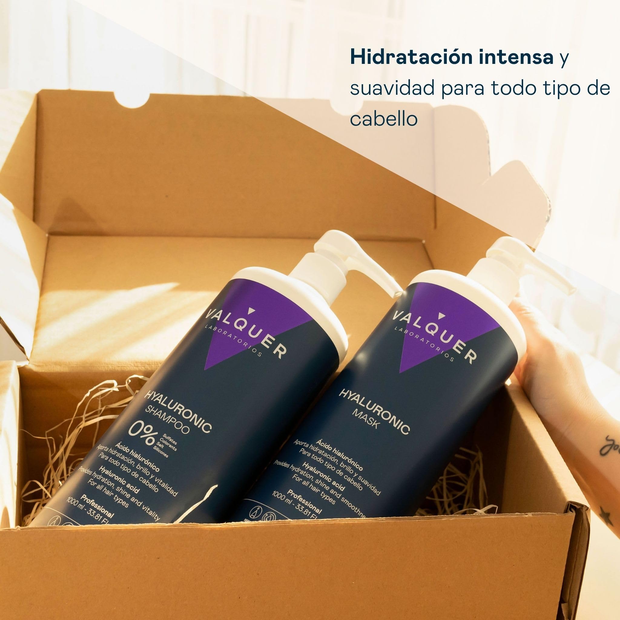 VALQUER Pack Ácido Hialurónico Champú Reparador y Mascarilla Capilar Fórmula Zero | Hidrata y Protege el Cabello Dañado y Seco con Aloe Vera y Keratina | Para Todo tipo de pelo | 1 L + 975 ml