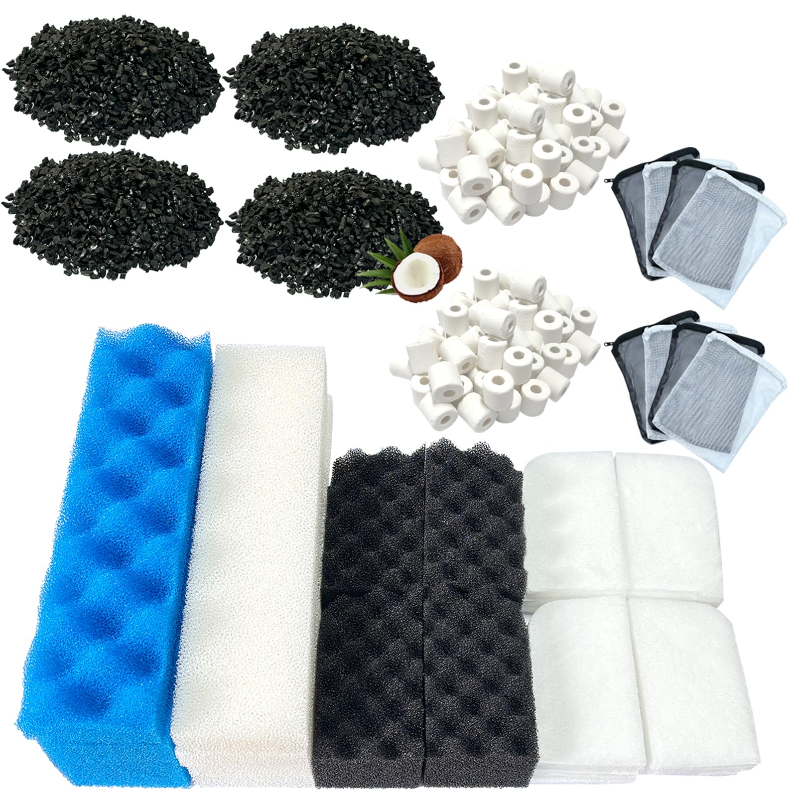 beaufan 38 Pack Filter Media Kit for Fluval 406/407 Canister Filters, Replacement Bio Foam, Activated Carbon & Ceramic Rings (2 Sets Maintenance Bundle)
