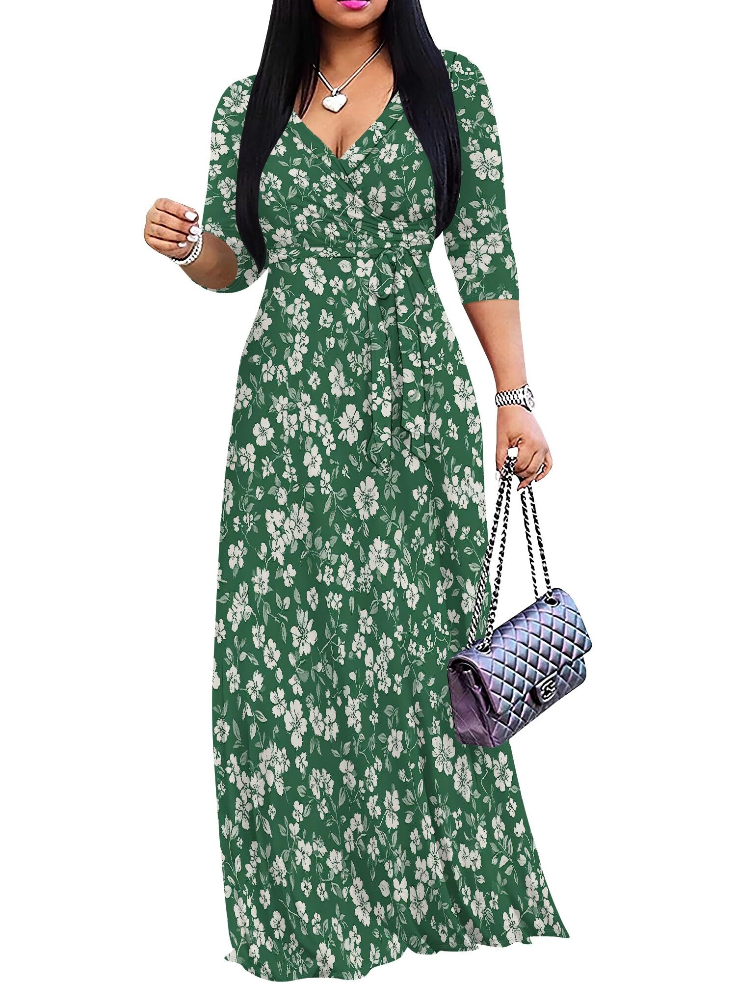 PinkPatty Women's Plus Size V Neck 3/4 Sleeve Boho Maxi Dress with Pockets | Boho printed maxi dress with pockets and tie waist for travel, vacations, weddings, church, parties, and daily wear