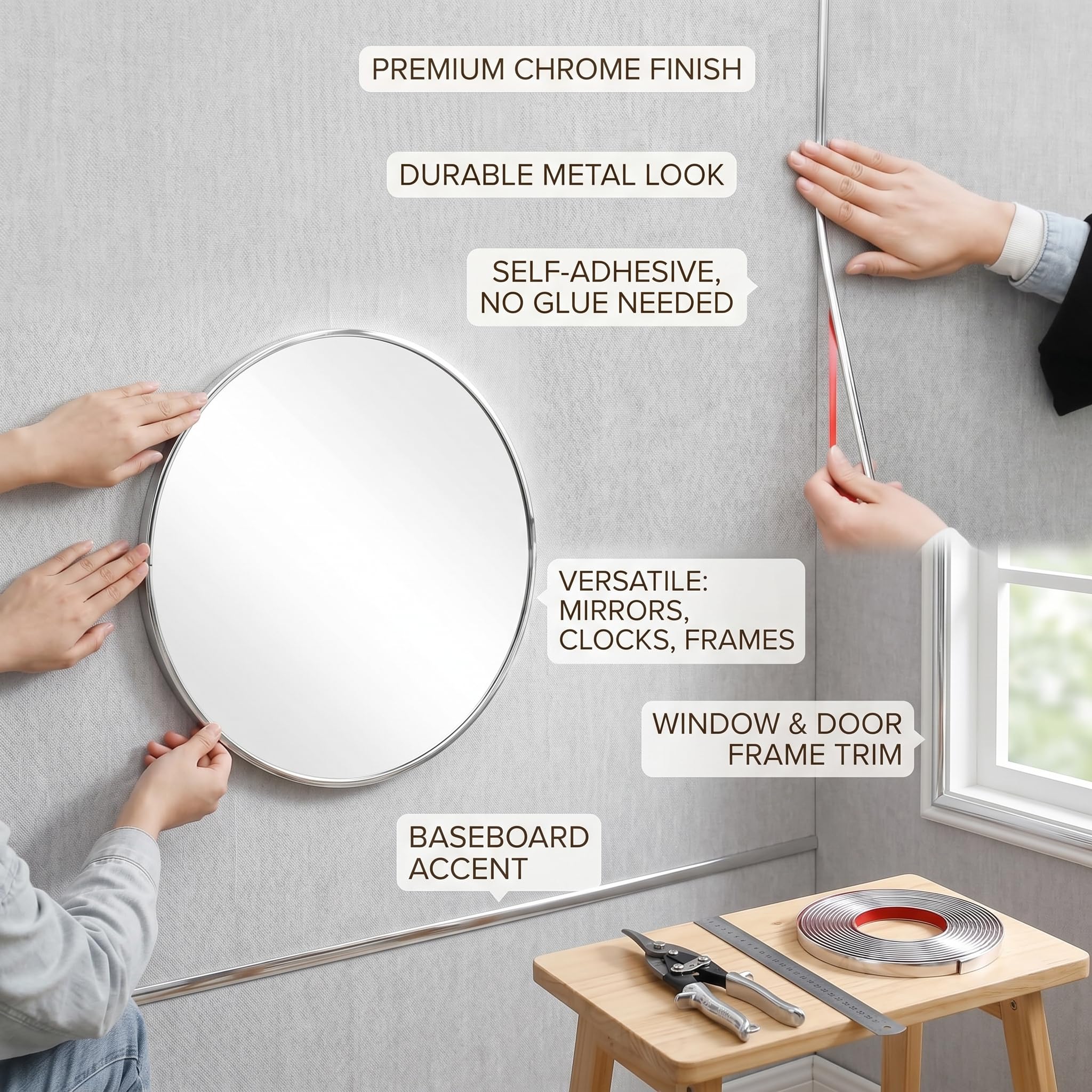 Strisce adesive Auto 1 Rotolo Decorazione cromata 10m x 8mm Argento Flessibile Impermeabile per Esterni Interni carrozzeria casa Fai da Te Multiuso Facile da Applicare