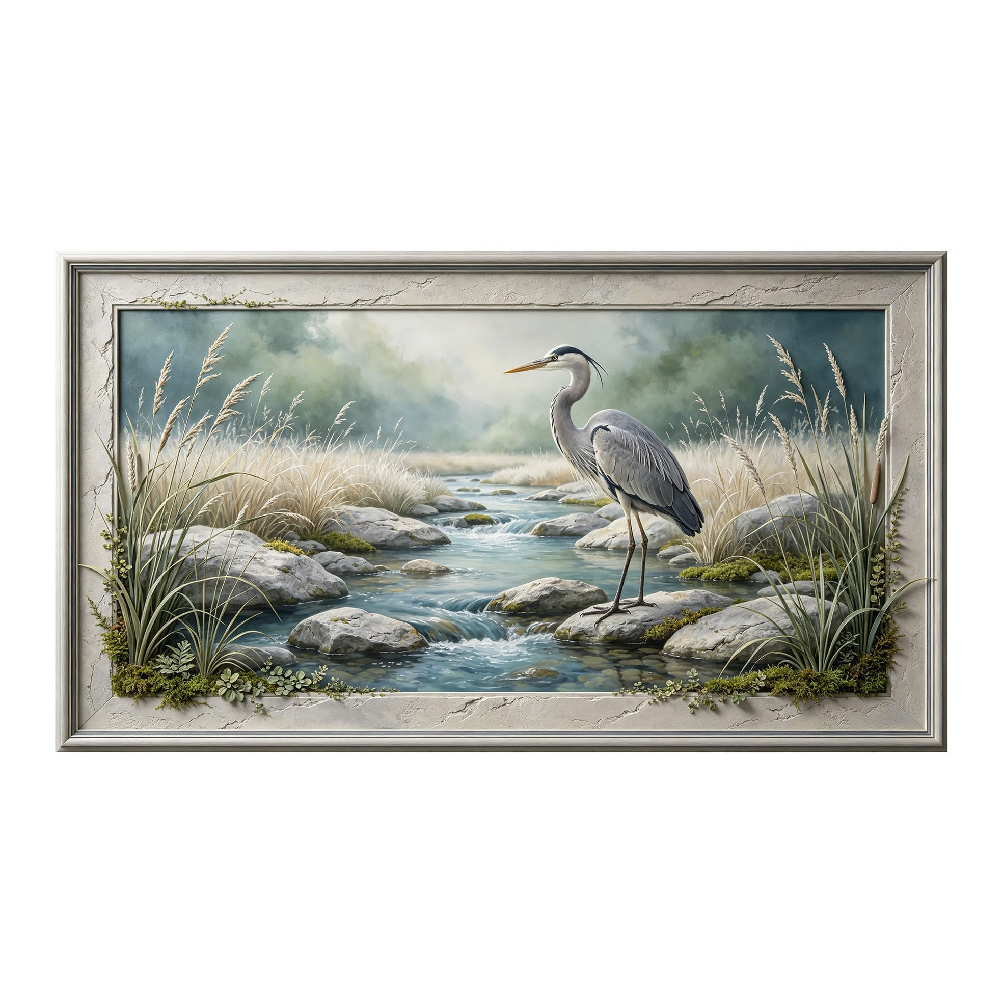 Murasolite 3D 3D Framed Wall Art 50cm×90cm River Heron Landscape Oil Painting SelfAdhesive Fabric Mural Wall Decor, Peel and Stick No Damage to Wall for Bedroom Living Room