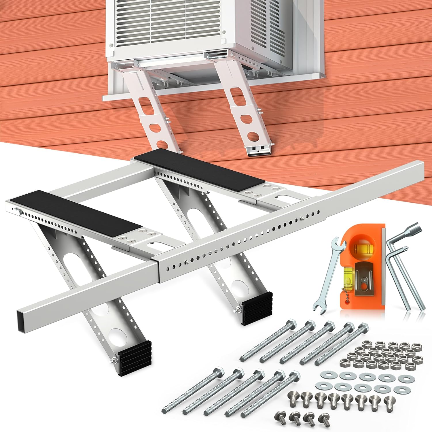 Air Conditioner Bracket No Drill: Heavy Duty Holder with Bubble Level for 350lbs AC Units, Adjustable Width, No Tools Needed, Fits Single & Double Hung Windows, 5000-24000 BTU Coverage Up to 350lbs No drill
