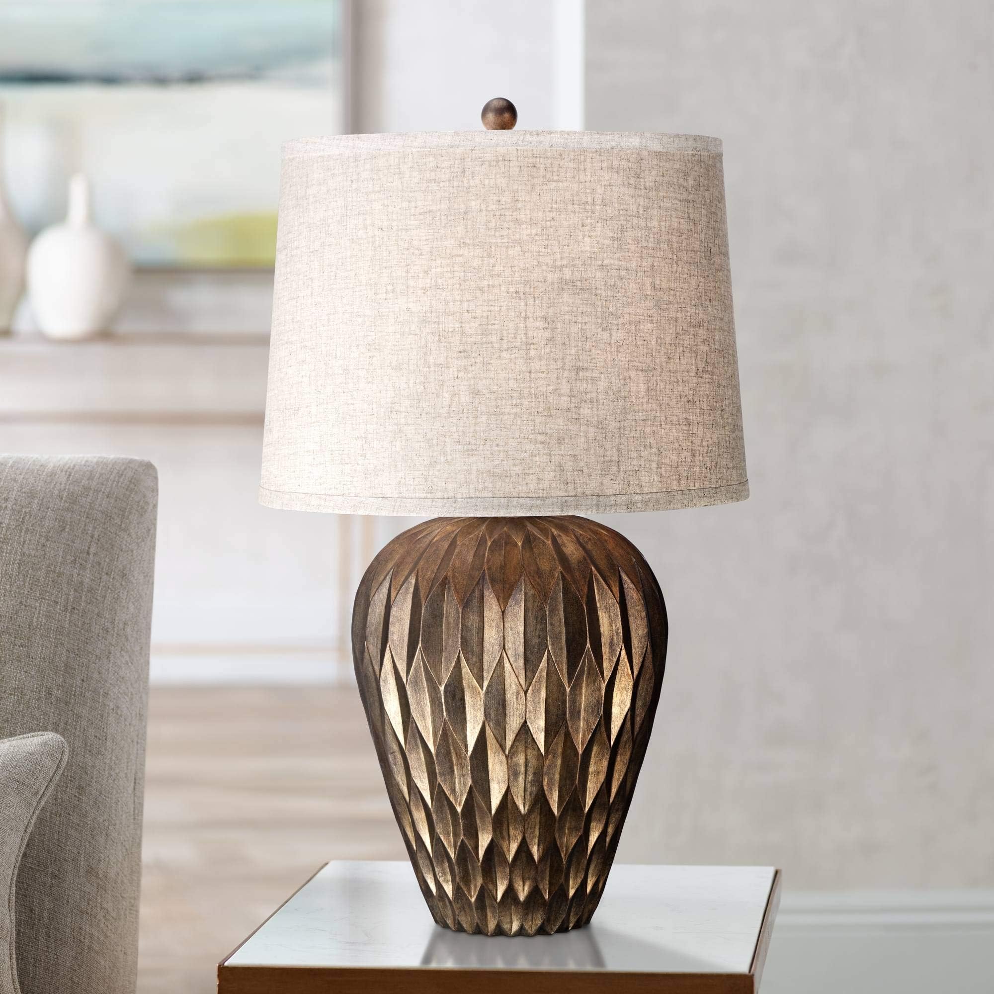 Buckhead Modern Table Lamp 28" Tall Warm Bronze Brown Geometric Textured Urn Tapered Fabric Drum Shade for Bedroom Living Room House Home Bedside Nightstand Office Entryway Kids