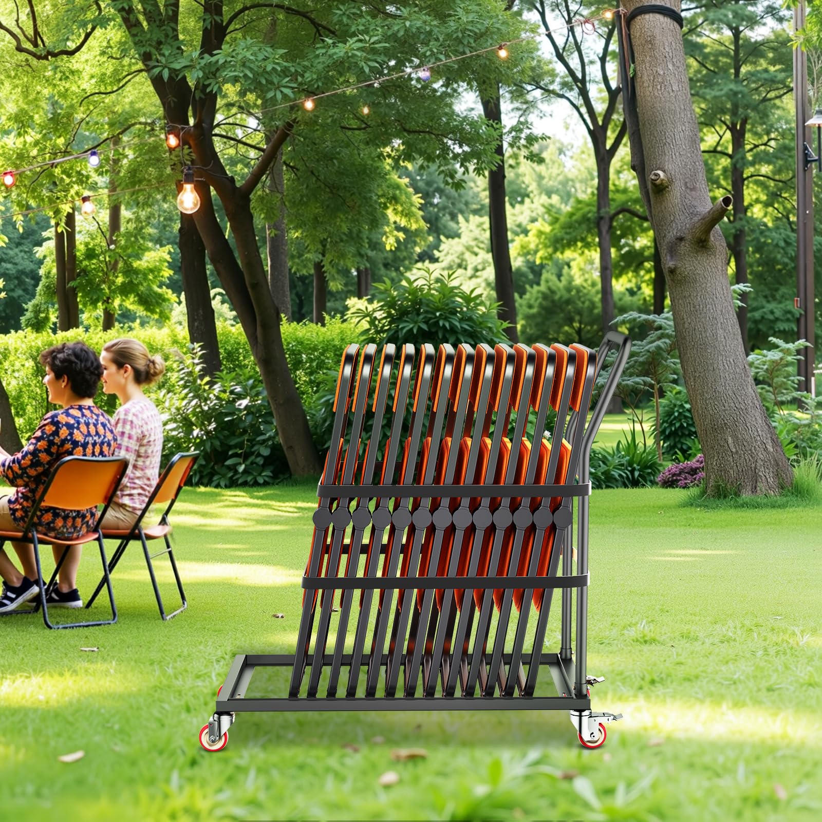 VEVOR Chariot de Chaise Pliante, Capacité de Charge 136 kg, Support en Métal Robuste pour 25 Chaises, Organiseur de Rangement Vertical Forme en L avec roulettes 360°, pour Salle à Manger, Noir Mat