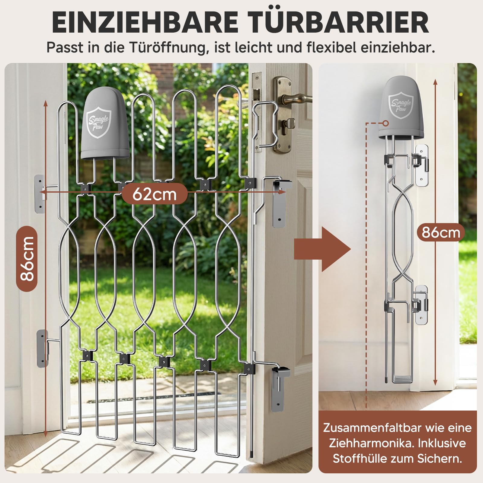 Snagle Paw Einziehbar Metall Türschutzgitter für Haustüren, Anti-Ausbruch Türschutzgitter, 62cm Breite 88.5 cm Höhe Absperrgitter für Türöffnungen, Faltbar & Sicher Türgitter für Türöffnungen