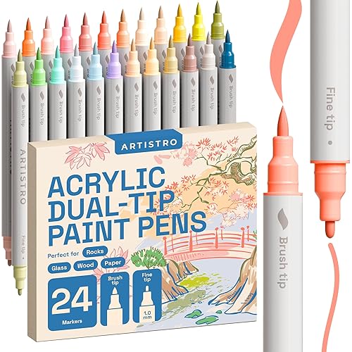ARTISTRO 24 Pastel Acrylic Paint Markers - Paint Pens for Calligraphy, Brush + Fine Tips - For Fabric, Rock, Glass, Wood, DIY, Craft, Canvas - Art and Craft Supplies for Adults, Teens, Kids