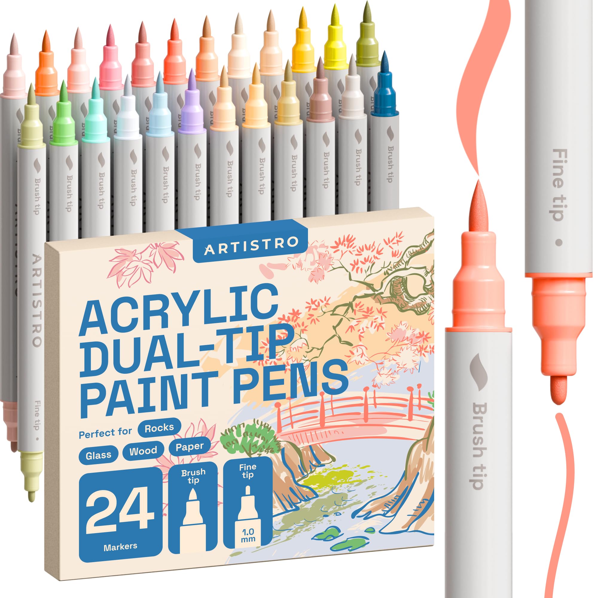 ARTISTRO 24 Pastel Dual-Tip Acrylic Paint Markers - Brush + Fine Tip Combo - Multi-Surface Paint Pens in Soft Colors