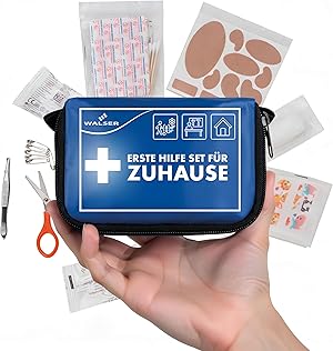 WALSER Premium Mini Erste-Hilfe-Set für Zuhause, wasserfeste Verbandstasche 2026, handliches Notfall-Set mit 107 Teilen, kompaktes First Aid Kit, Reiseapotheke Set, Mini Verbandskasten blau