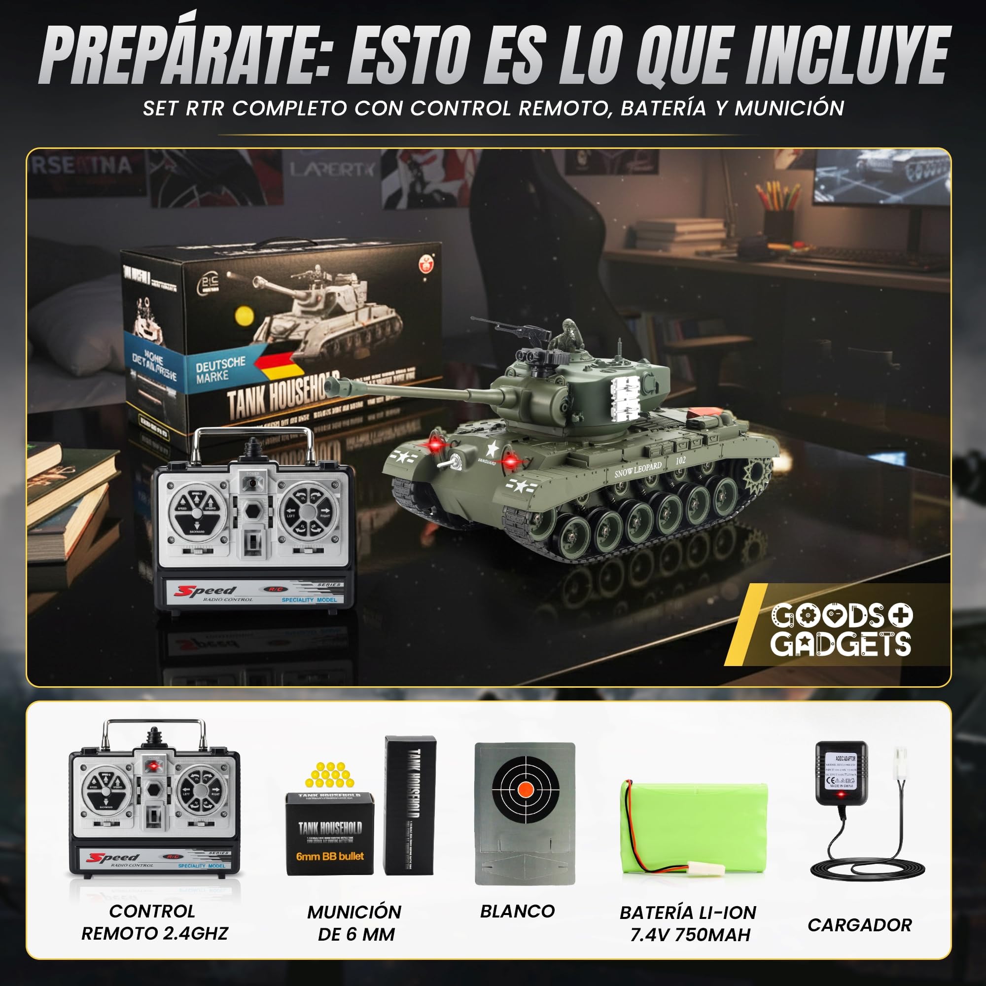 GOODS+GADGETS Tanque RC Alemán Tiger I 2.4GHz R/C Modelo a Escala 1:16 con función de Disparo, Sonido - RTR (Pershing Snow Leopard)