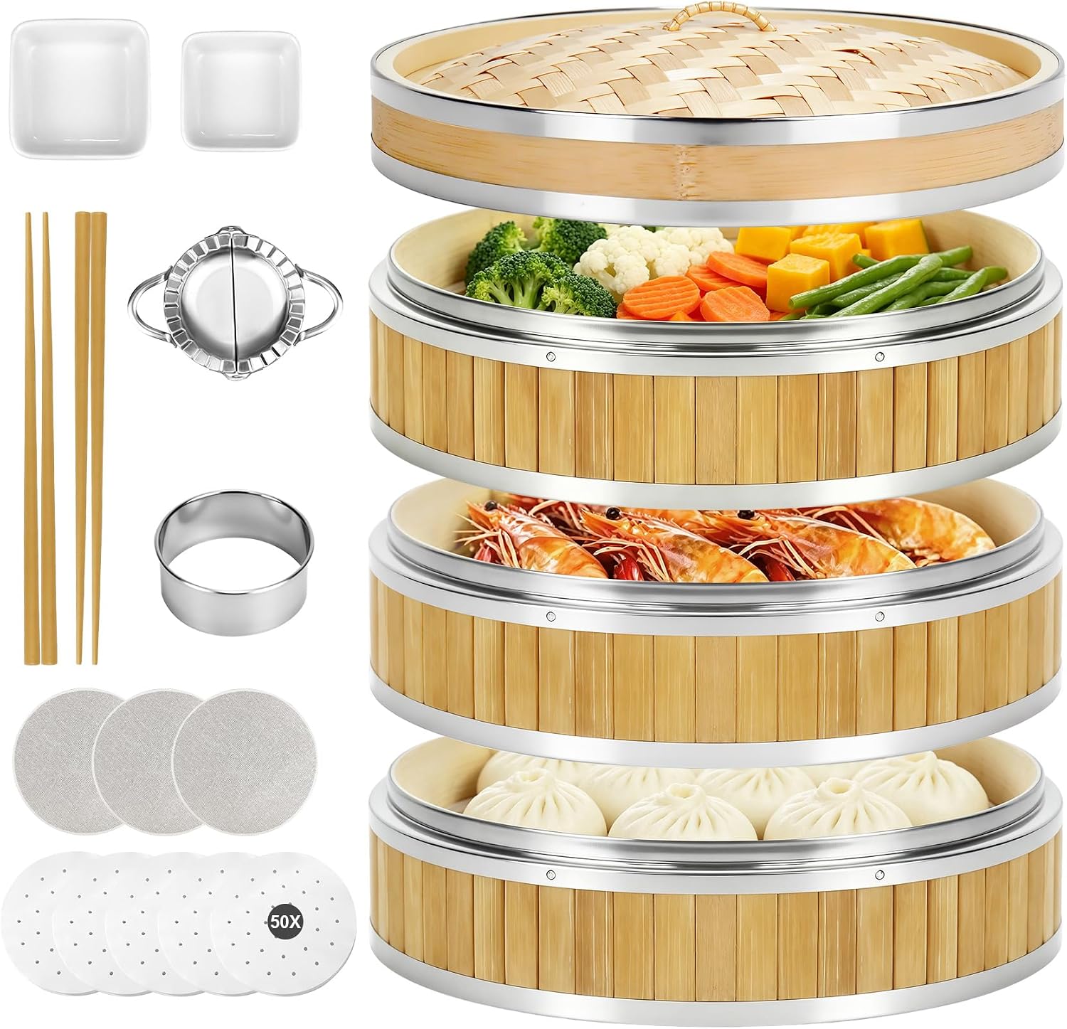 3 Tier Bamboo Steamer Basket, 12 Inch Bamboo Steamers for Cooking