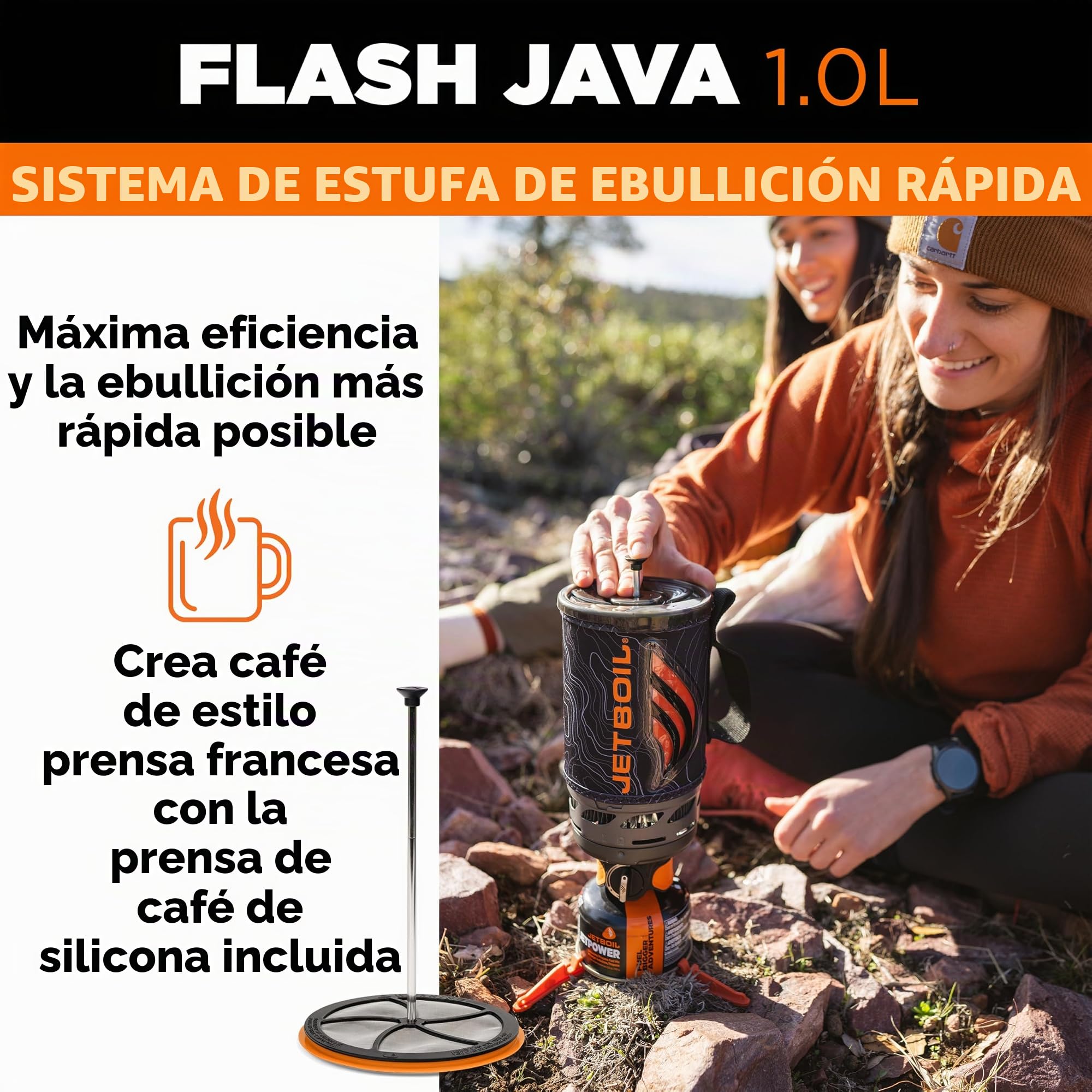 Jetboil Flash - Estufa portátil de ebullición rápida de 1.0L con prensa francesa de silicona y encendido automático para acampar y mochileros, quemador de propano/isobutano con taza de cocina, nuevo