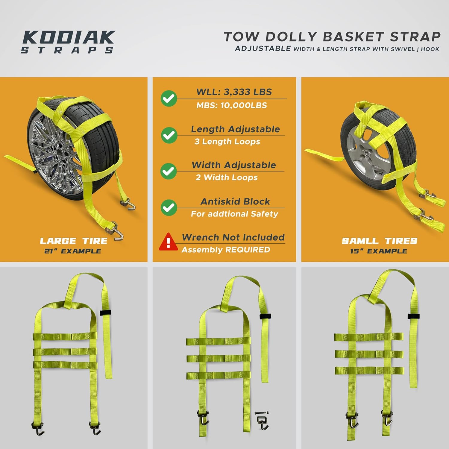 Buy KODIAK STRAPS Adjustable Wheel Net Tow Dolly Basket Straps with