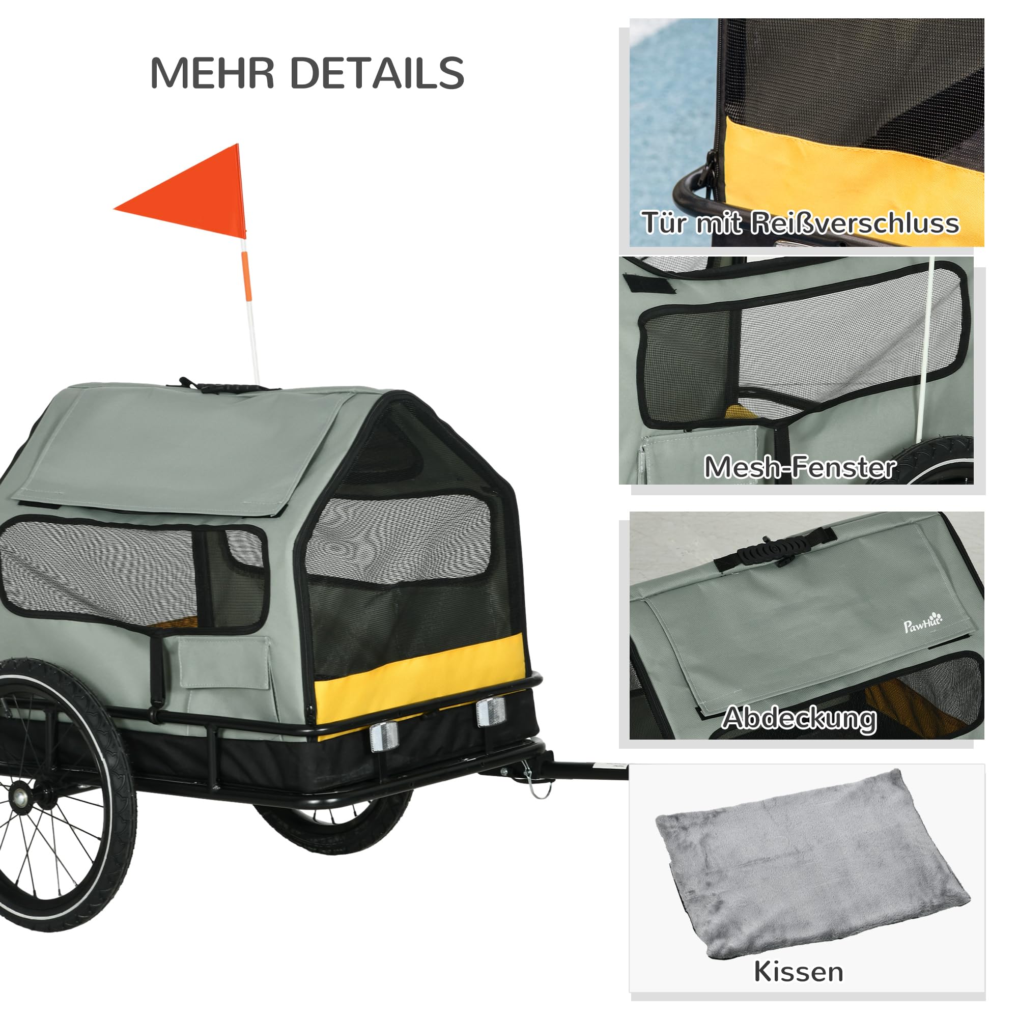 PawHut 3-en-1 remolque del perro casa de mascotas, remolque de carga remolque de bicicleta de perro, cochecito de perro con reflectores para perros pequeños de hasta 10 kg, Oxford, gris
