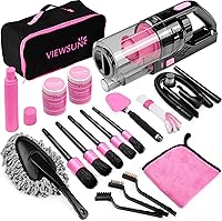 Viewsun Pink 17-Pc Car Detailing Kit with 7500Pa Handheld Vacuum, Brushes, Cleaning Gel & Windshield Cleaner - Complete Interior Auto Accessories Gift for Women