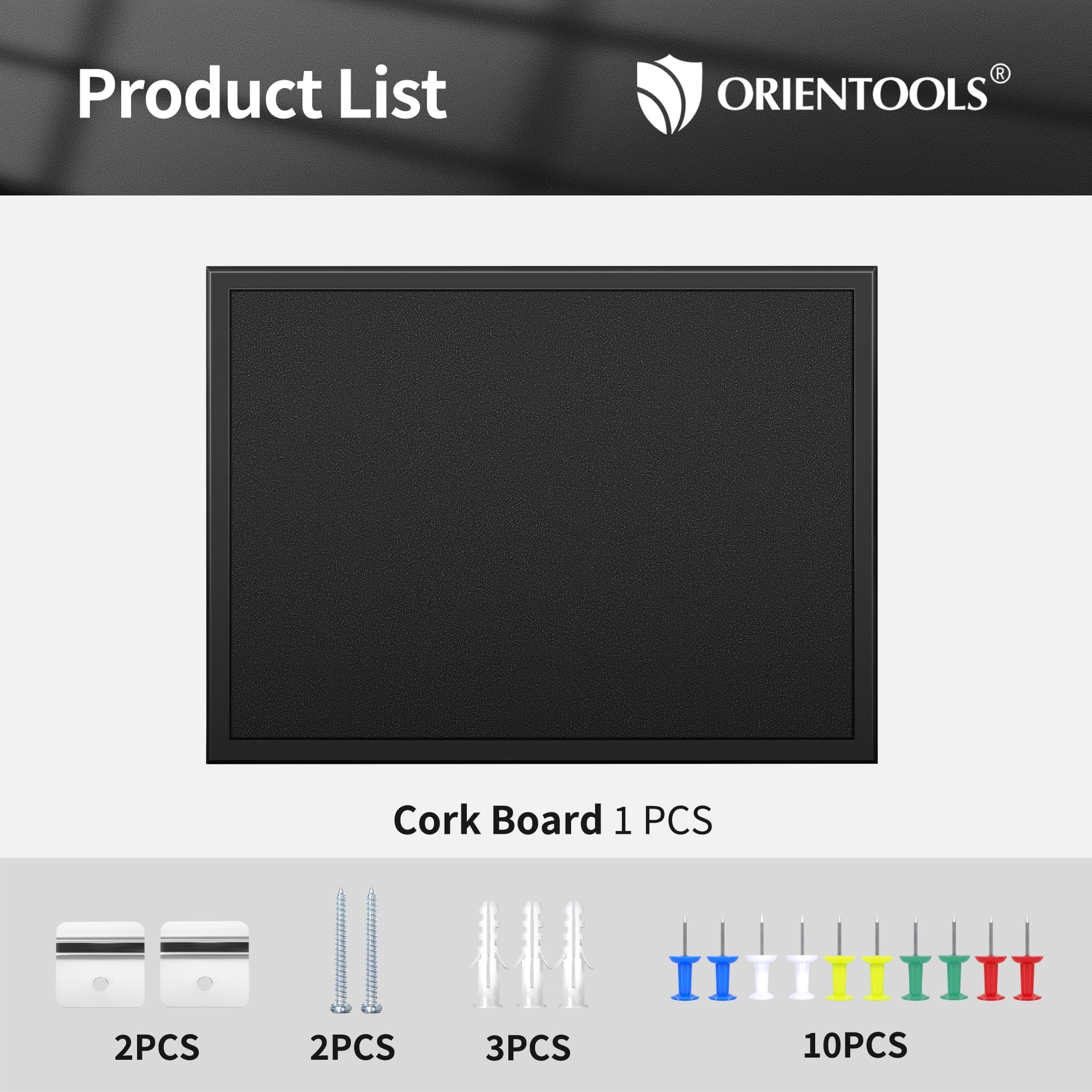 ORIENTOOLS Gerahmte Korktafel für Wände, Pinnwand mit 10 farbigen Stecknadeln, hängende Pinnwand, schwarze dekorative Sichttafel, große Korktafel für Büro, Zuhause, Schule, Kabine, 91,4 x 61 cm