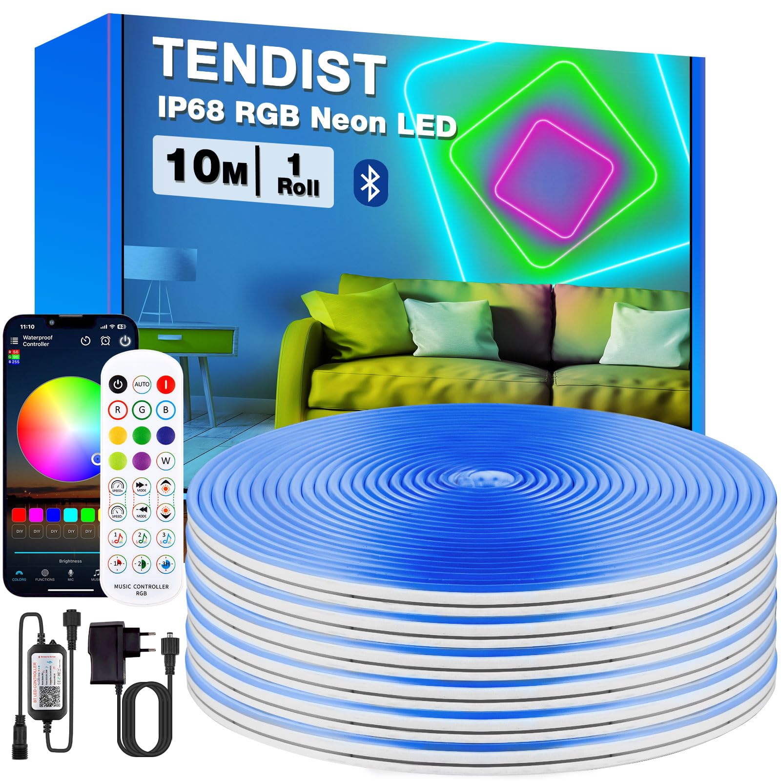 RGB Striscia LED Neon Esterno, IP68 Flessibile Strisce LED da Esterno Bluetooth con Smart App e Telecomando, 24V Neon Strip con Sinc Musicale per Giardino, Balcone, Terrazza, Bar (10M)
