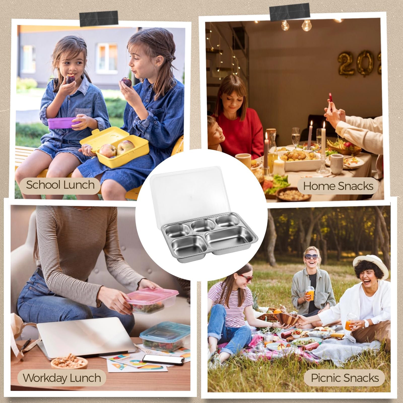 Boîtes à goûter à 5 compartiments en acier inoxydable avec couvercles en polypropylène, plateaux à déjeuner pour la préparation des repas, 25,9 x 18 x 4,1 cm