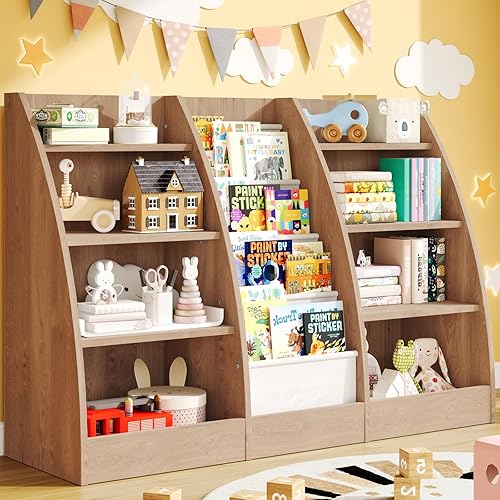 Miniatura 10 de Estantería de 4 niveles para niños, estante de libros tipo eslinga de 4 capas para habitaciones infantiles, estantería de madera para niños, estante