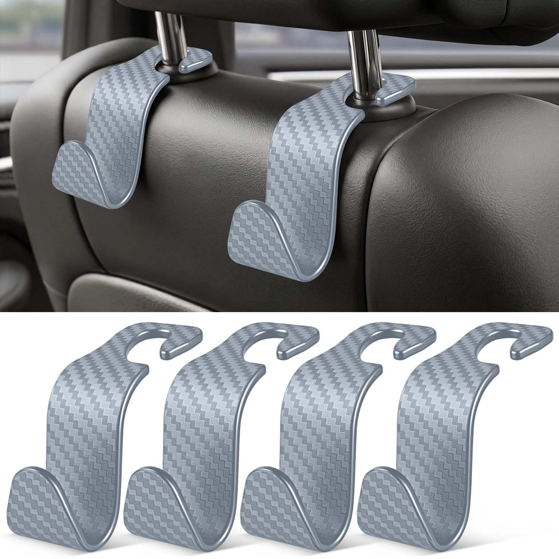 SINGARO Universal 4 Pack Car Seat Headrest Purse Hook, Carbon Fiber Back Seat Hook Storage Organizer Hanger for Purse Handbag Coat, Car Interior Accessories(Gray)