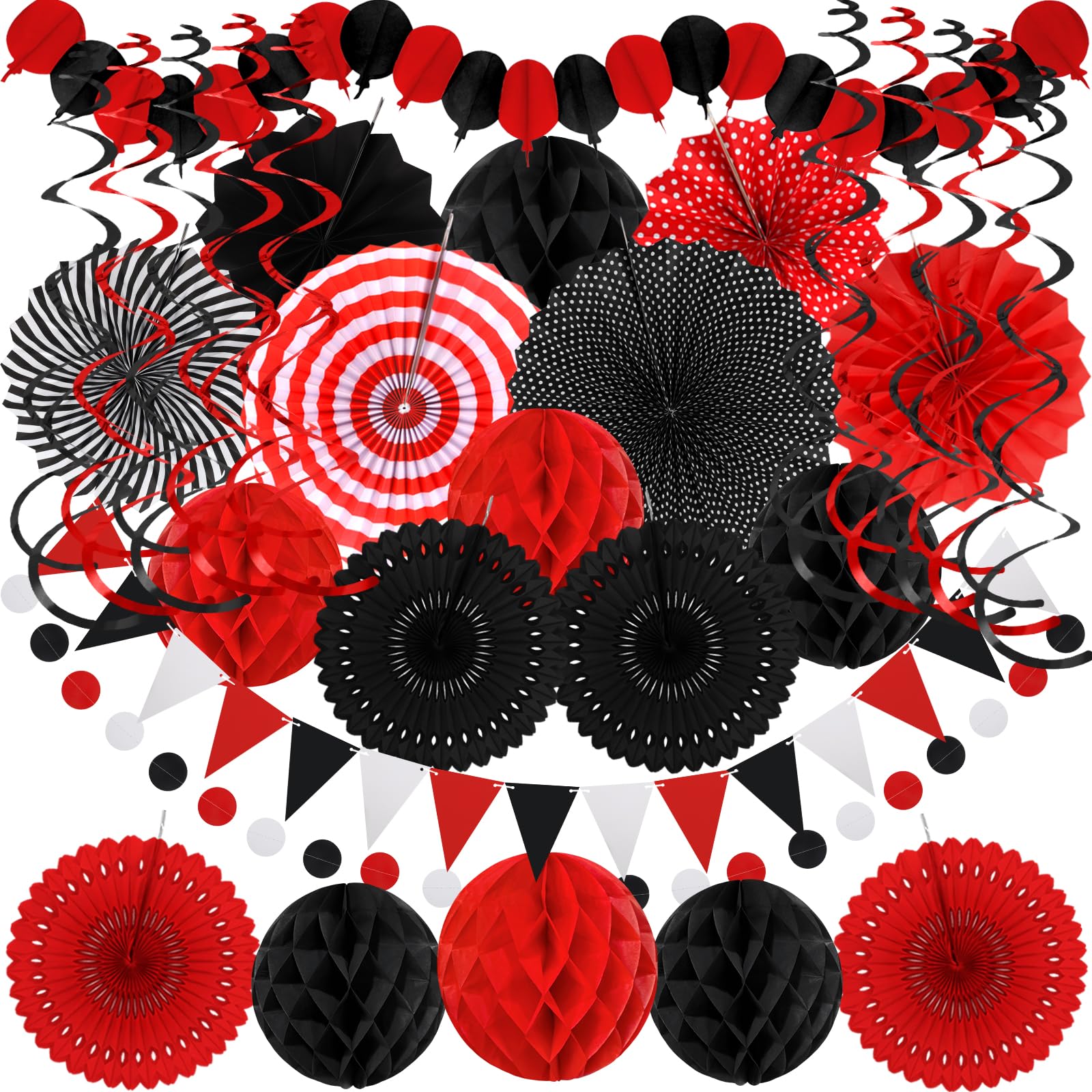Black Red Party Decorations, Easy Assembly Paper Fan Honeycomb Ball Garland Hanging Swirl Graduation Party Supplies for Boy Girl Women Birthday
