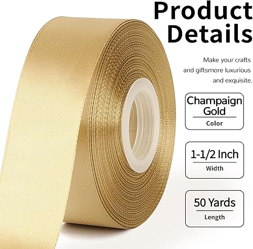 Miniatura 2 de Cinta de satén dorado Champaign de 1-12 pulgadas de ancho, cinta de tela de poliéster sólido de 50 yardas para hacer rosas, envoltura de regalos,
