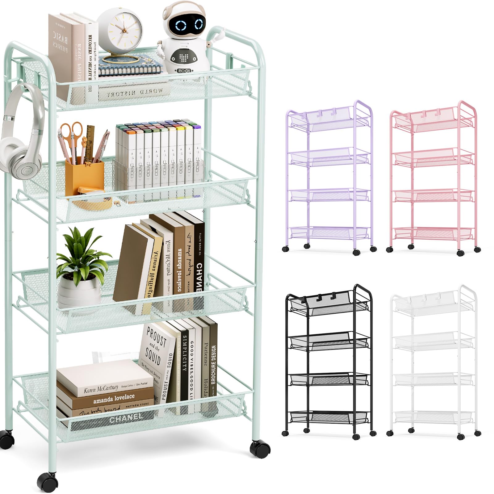 TOOLF 4-Tier Rolling Cart, Metal Utility Cart with 3 Hooks, Easy Assemble Mobile Storage Trolley On Wheels, Metal Shelving Units Kitchen Bathroom