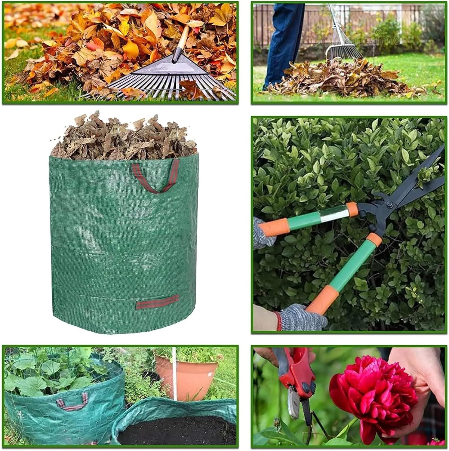 Leaf collection bag with lid, shoulder strap, and drawstring - reusable, suitable for leaf and lawn litter, yard cleaning(Green)