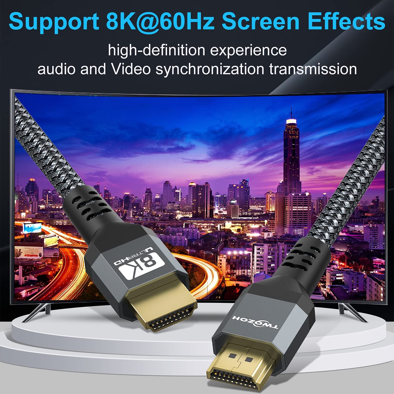 Twozoh Câble HDMI 8K 2M, Certifié 48Gbps Haute Vitesse Câble HDMI 2.1 8K@60Hz 4K@120Hz, Supporte 3D eARC HDR pour Apple TV, Roku, Fire TV, Nintendo Switch, PlayStation, PS5, Xbox One, Monitor, PC
