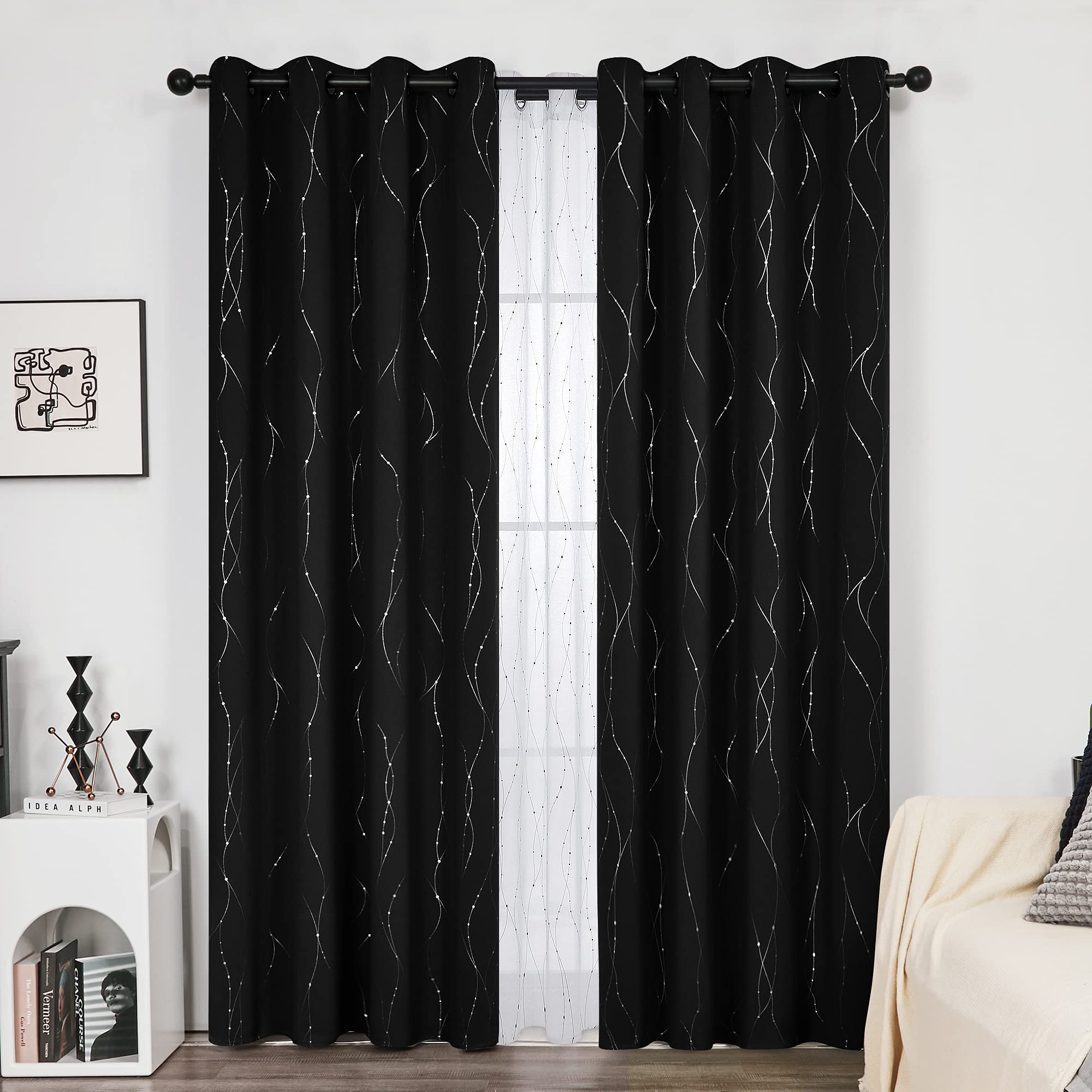 Deconovo Lot de 2 Rideaux Occultant à Oeillets Rideaux Chambre Adulte Rideaux Salon Moderne Noir 140x290cm Rideau pour Porte d'entré
