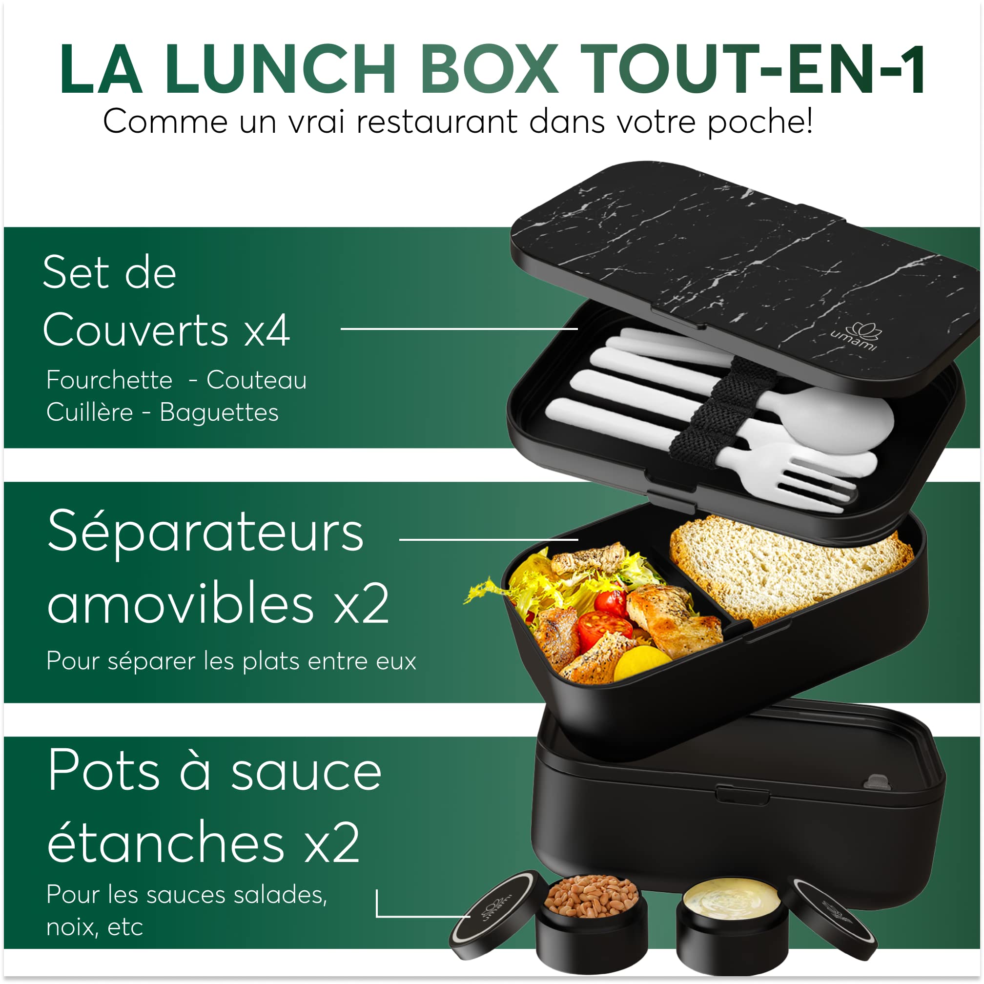 Umami Bento Lunch Box, 2 Pots à Sauce & Couverts en Bois Inclus, Lunchbox Micro-Ondable, Boîte à lunch Adulte, Boîte Repas Compartimentée, Boîte Bento Lunch Box, Bento Box