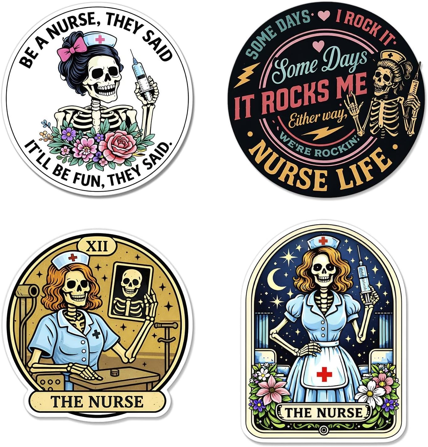 (4Pcs) Funny Nurse Stickers – Waterproof UV DTF Vinyl Nurse Stickers, Gothic Skeleton Nursing Stickers for Water Bottles, Laptop, Phone, Nursing School Accessories & Funny Nurse Gifts STK2026-377-NTH
