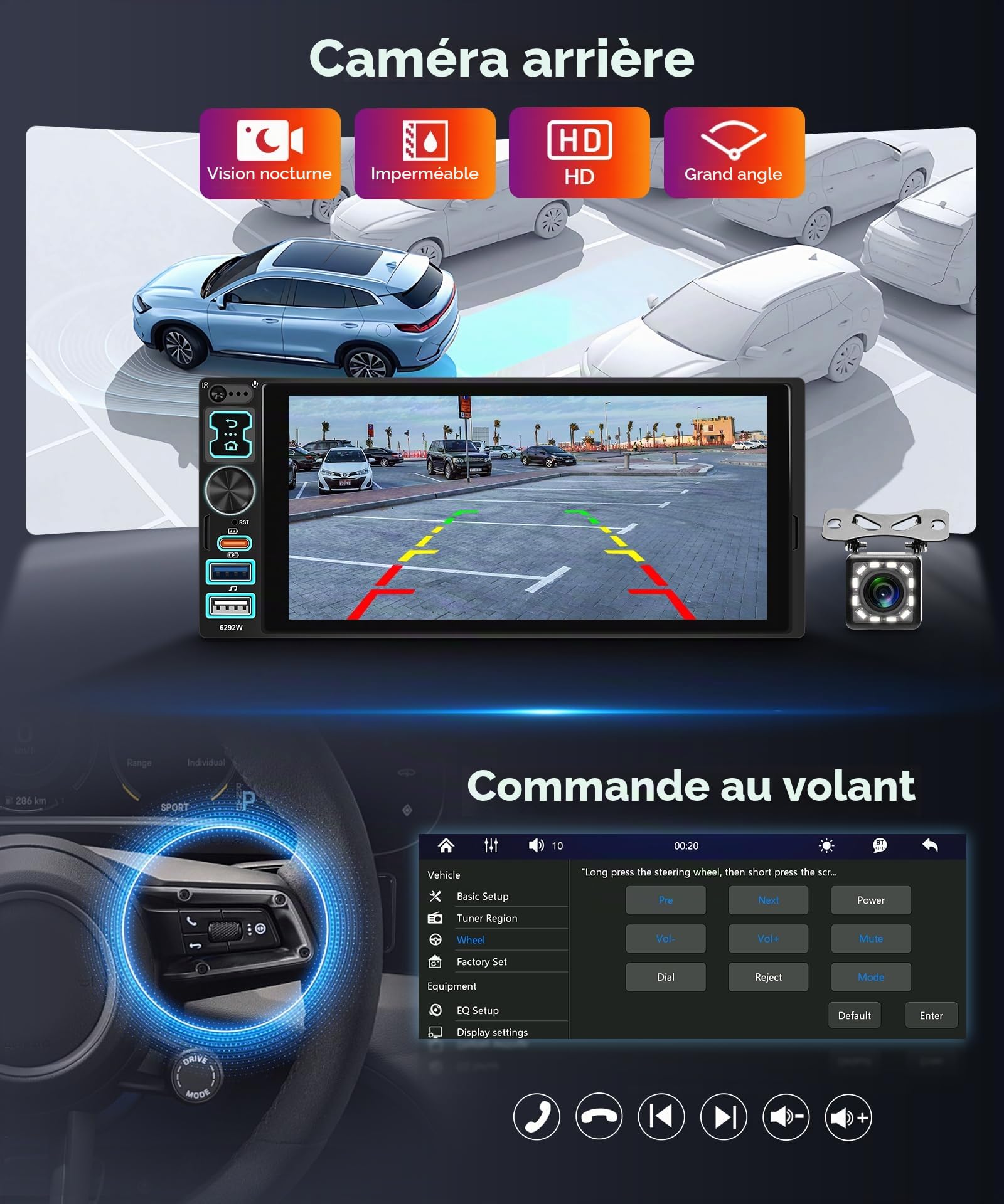 2025 Hodozzy Autoradio 1 Din avec sans Fil Carplay Android Auto avec Ecran 6,8 Pouces, 1 Din Poste Radio Voiture Bluetooth, Ecran Tactile avec Mirror Link/FM/2 USB/USB-C avec Caméra de Recul