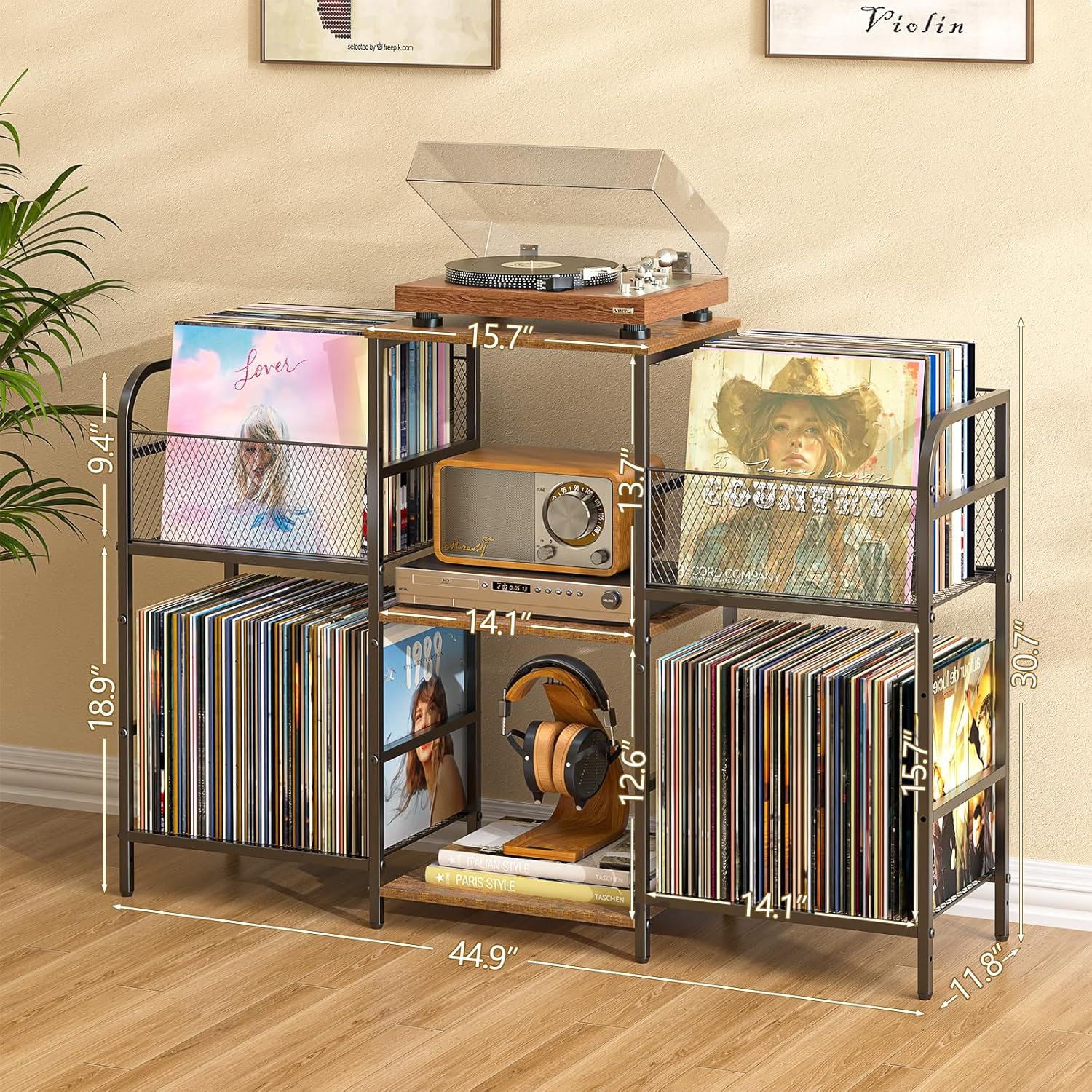 Record Player Stand with Vinyl Storage, Record Storage for 350+ Albums, Tuntable Stand with Record Holder for Living Room, Record Holder Vinyl Display Shelf