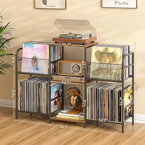 Miniatura 4 de Soporte para tocadiscos con almacenamiento de vinilo, almacenamiento de discos para más de 350 álbumes, soporte ajustable con soporte para discos