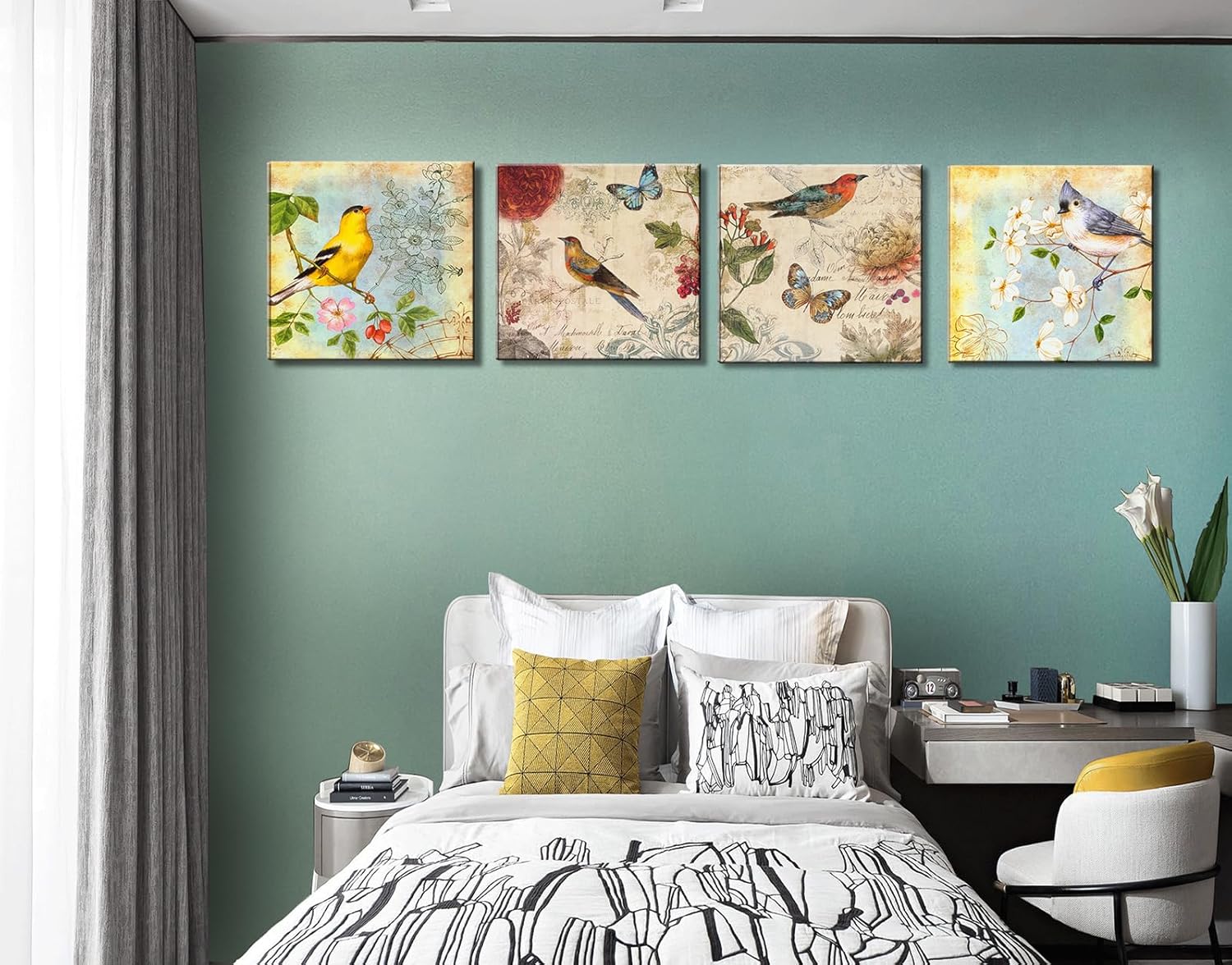 Flowers Birds Canvas Wall Art for Bedroom Floral Wall Decor Butterfly Picture Framed Artwork Vintage Prints Paintings for Bathroom Kitchen Decorations